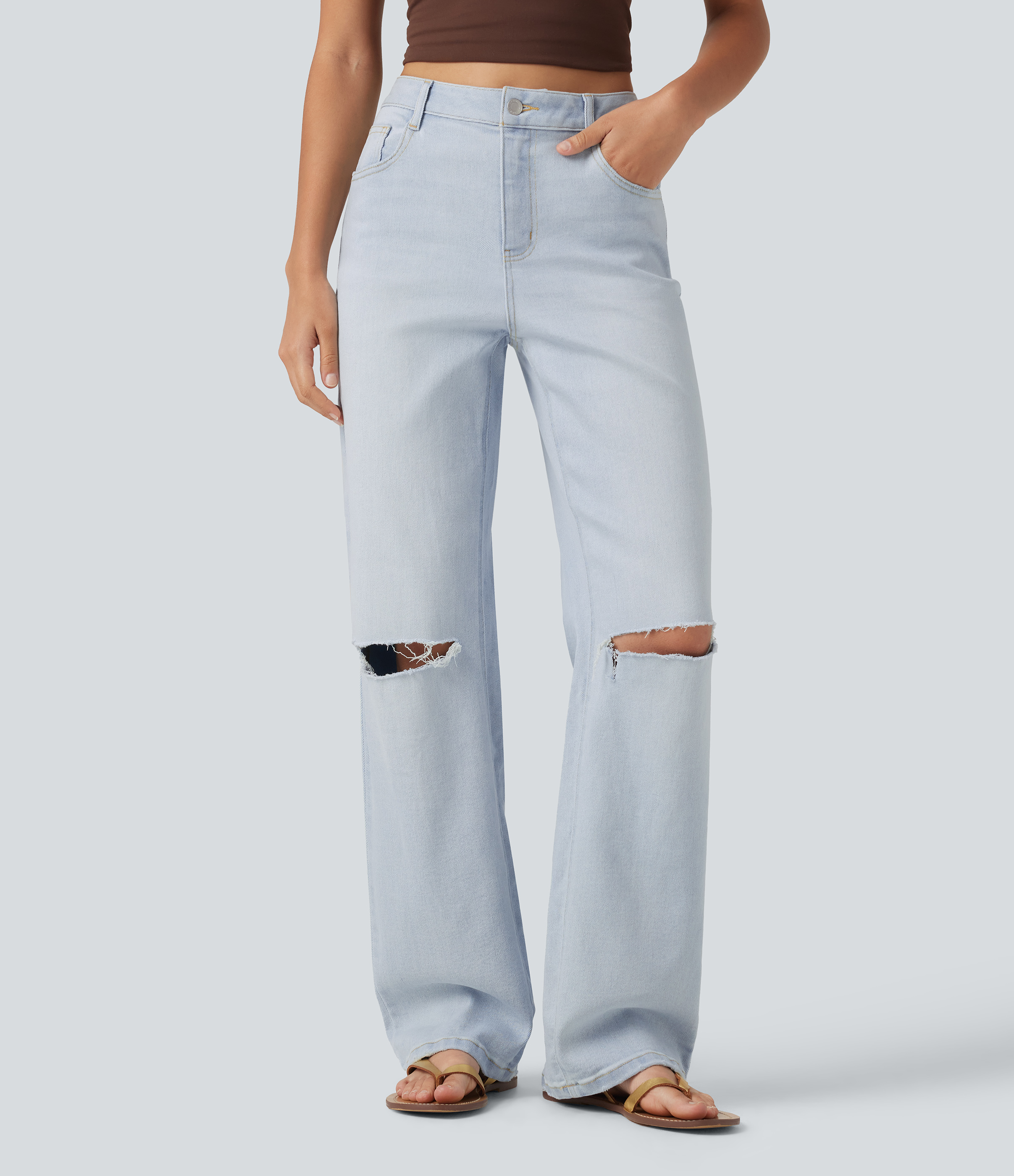 High Waisted Ripped Straight Leg Casual Jeans with Pockets