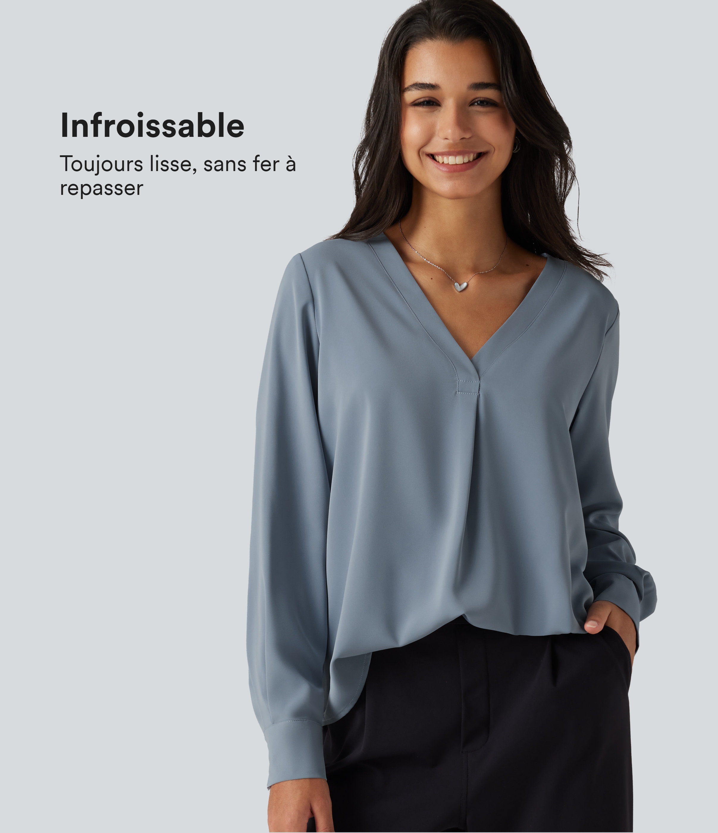 Blouse de bureau défroissage facile, col V et manches longues