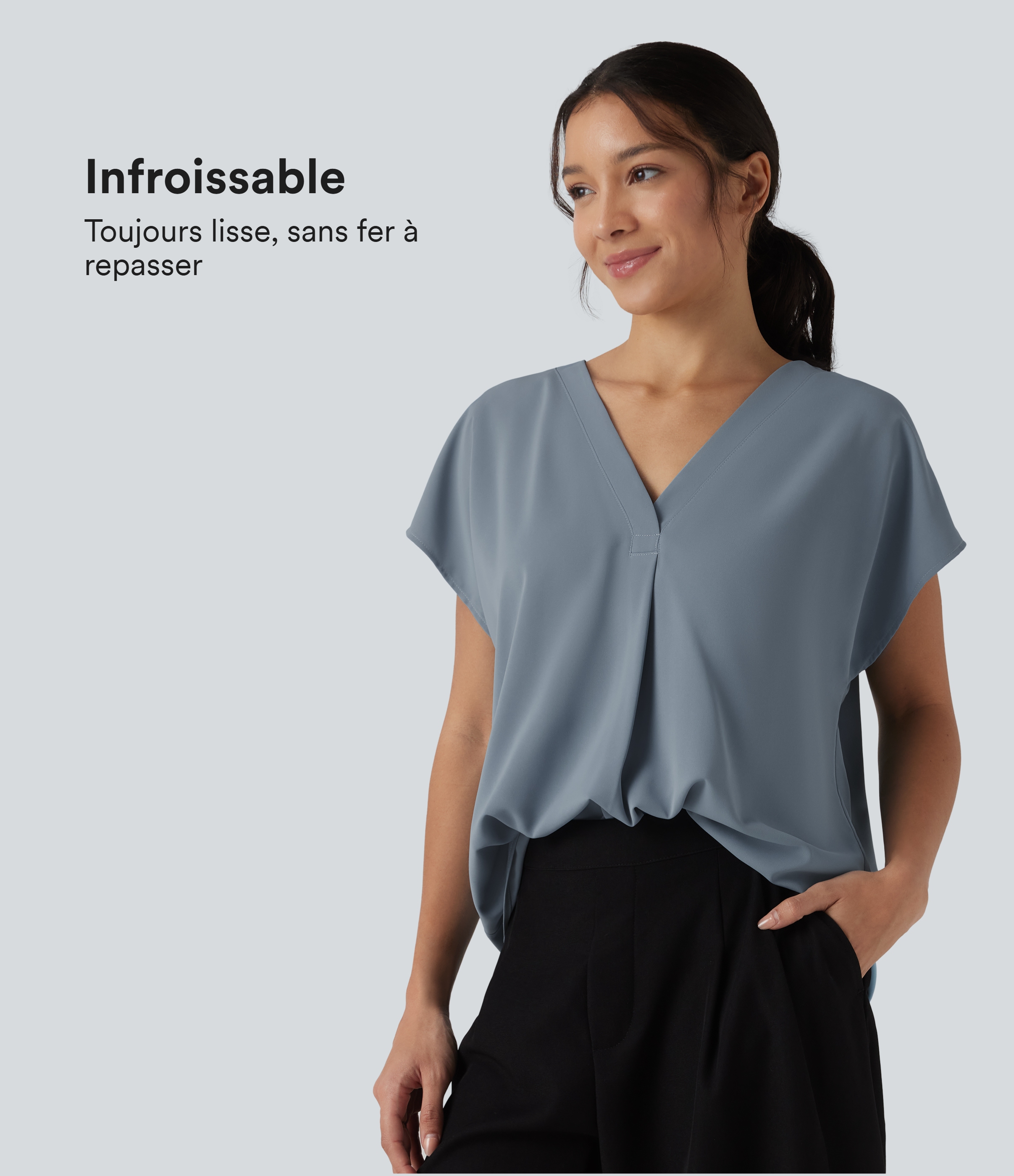 Blouse esprit bureau oversize défroissage facile, col V et manches courtes