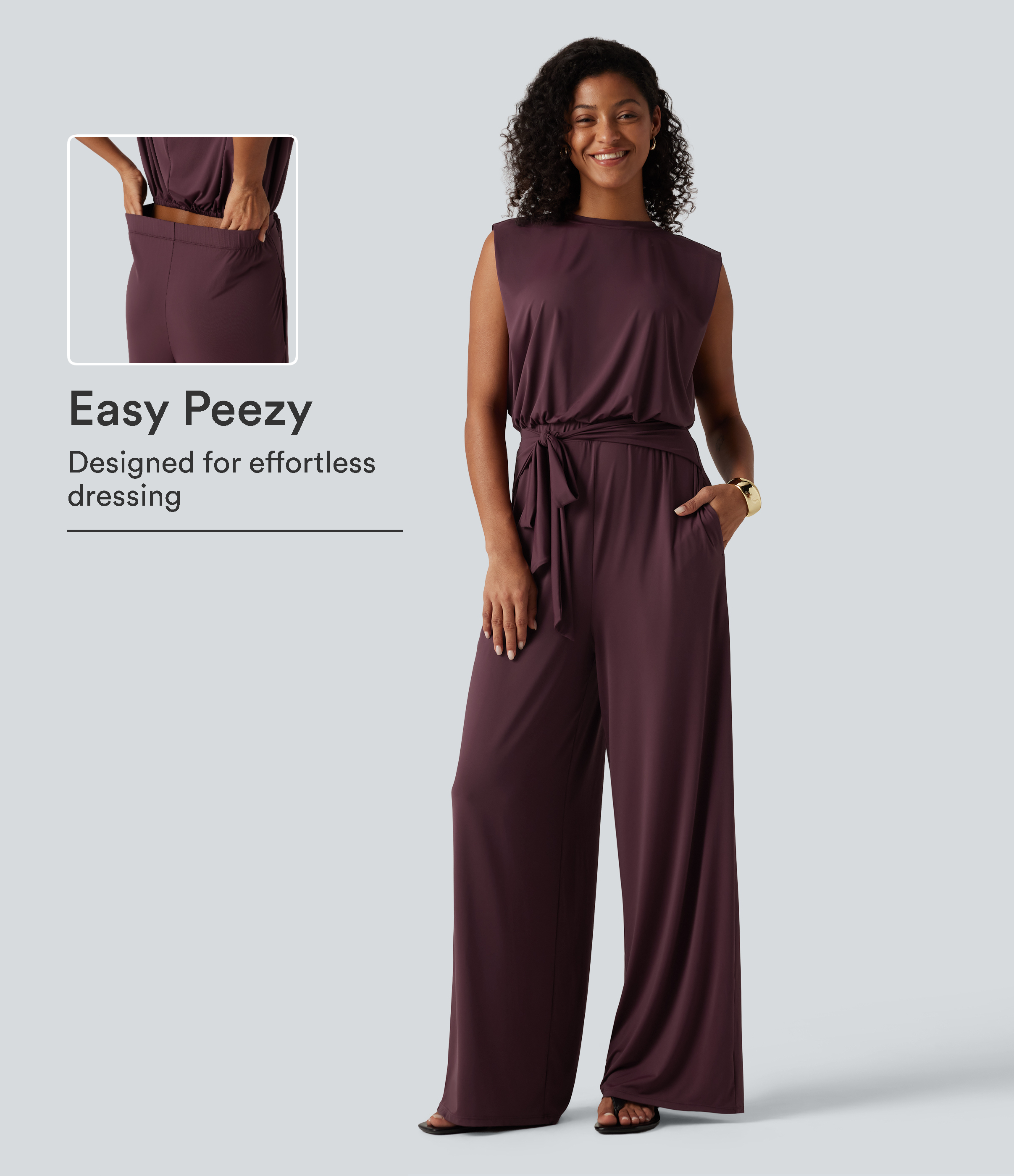 Round Neck Sleeveless Tie Front InstantCool Casual Jumpsuit with Pockets-Easy Peezy Edition-UPF50+