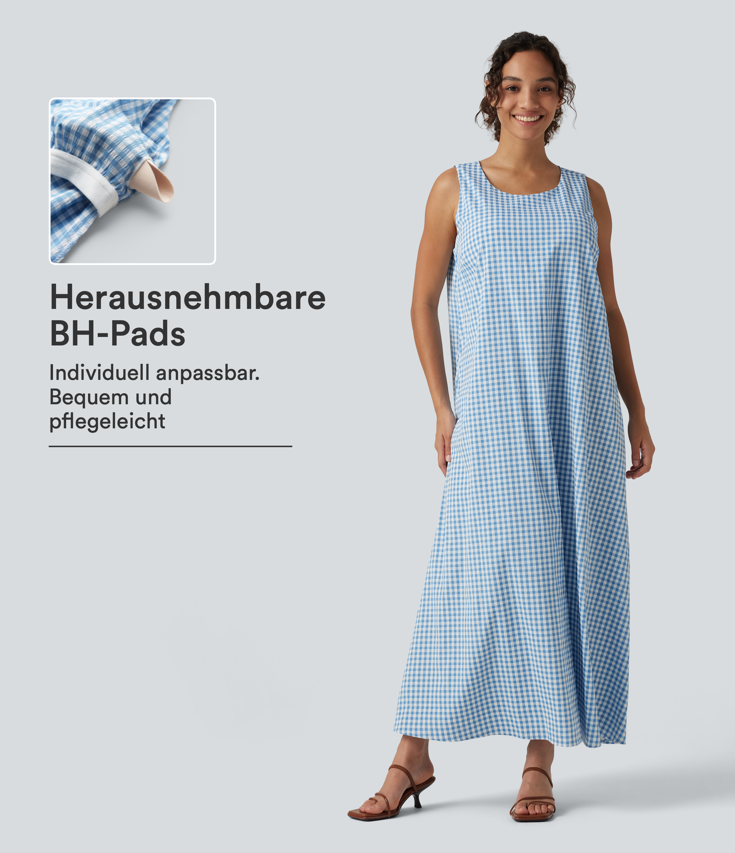 Blue White Bubble Grid Lässiges, ärmelloses Tank-Midikleid mit Rundhalsausschnitt, Seitentaschen und Karomuster - DD-F Cups / 1