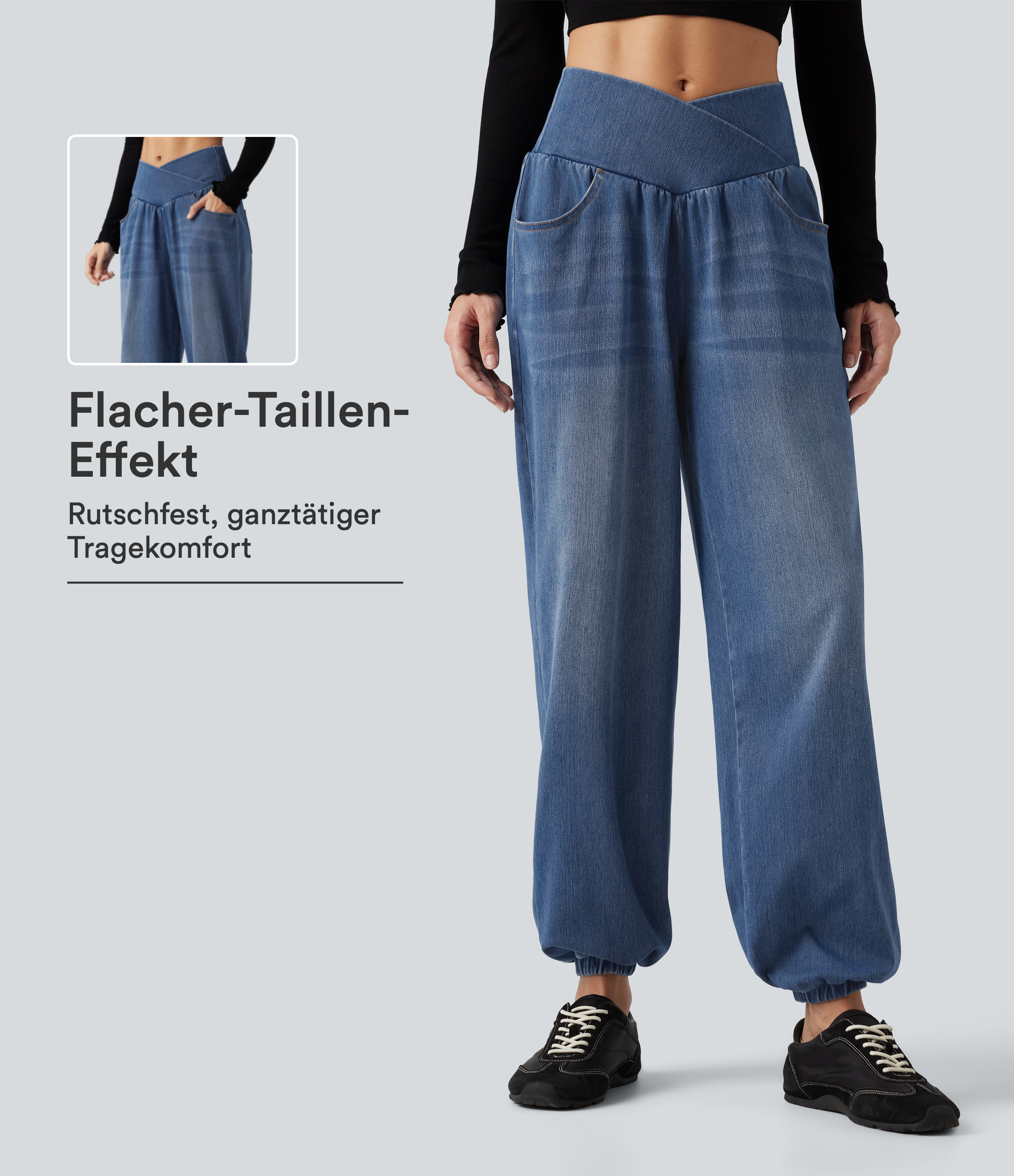Halara Flex™ - Lässige Joggers aus Denim mit hohem Crossover-Bund, mehreren Taschen und Bauchkontrolle