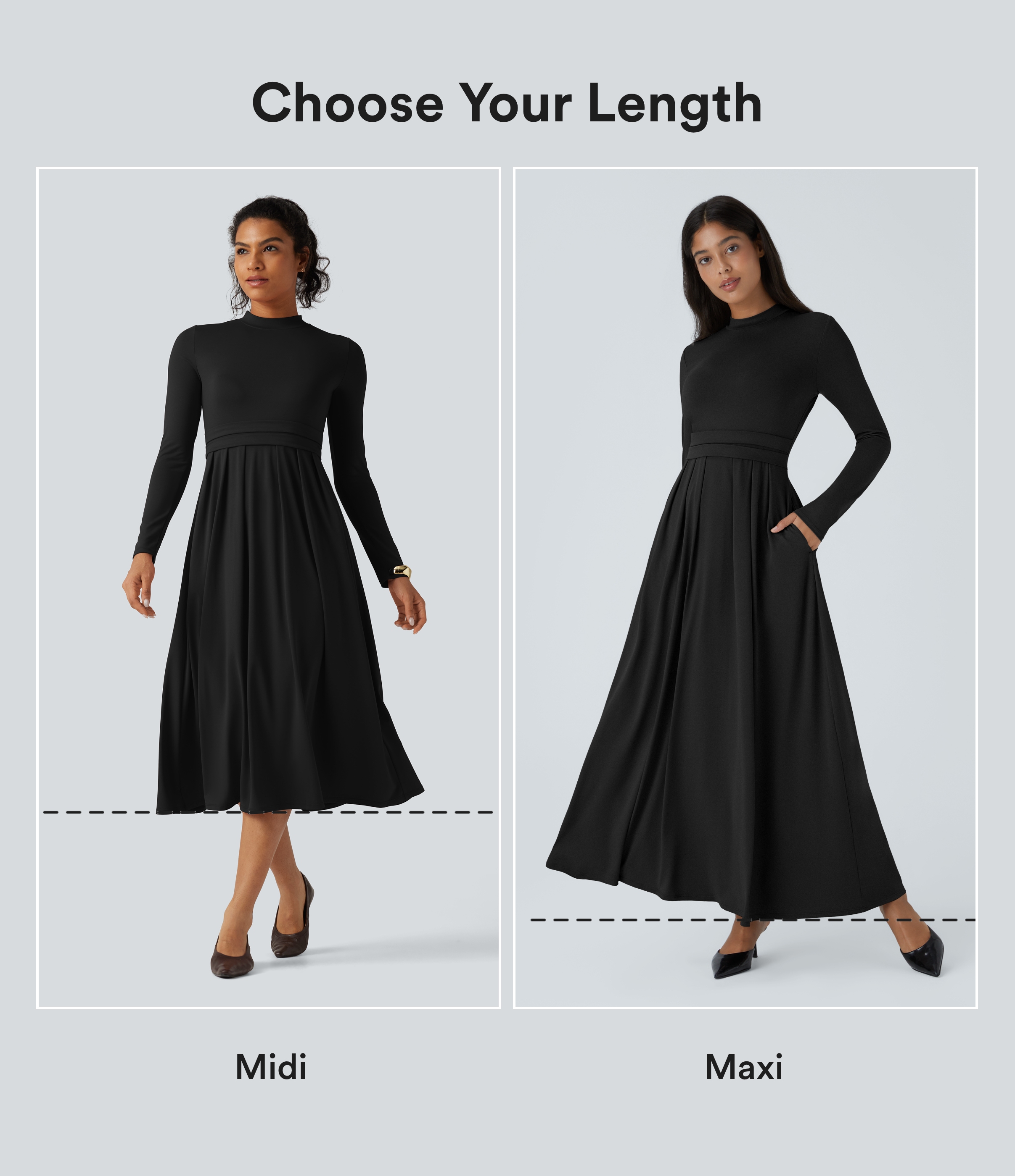 Black Mock-neck Long Sleeve Pocket Flare Maxi Casual Dress / 2