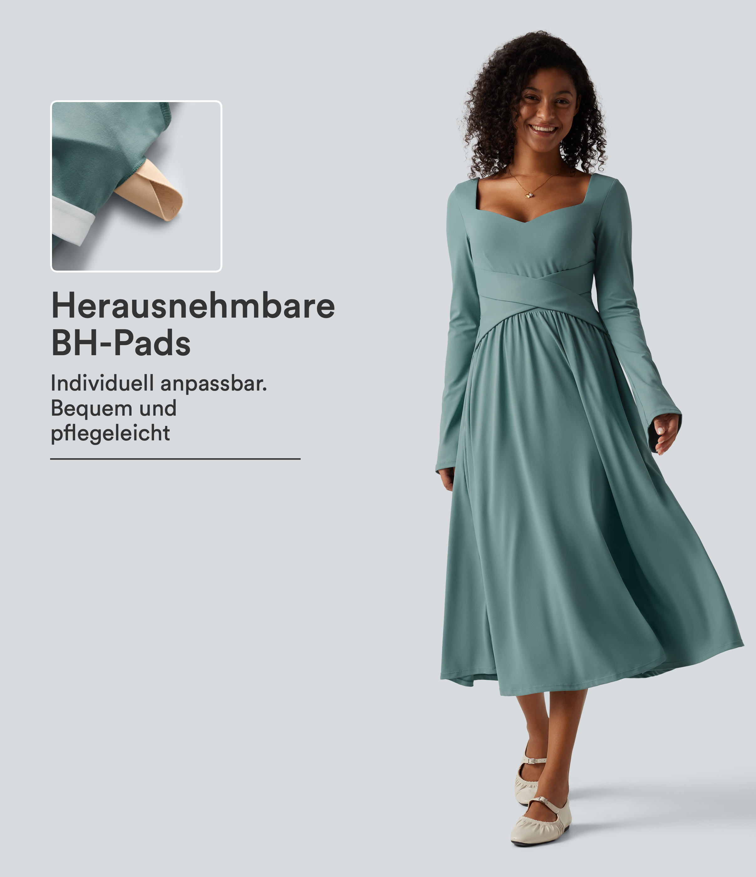 Azure Fließendes Midikleid mit Seitentaschen, langen Ärmeln und integriertem BH / 1