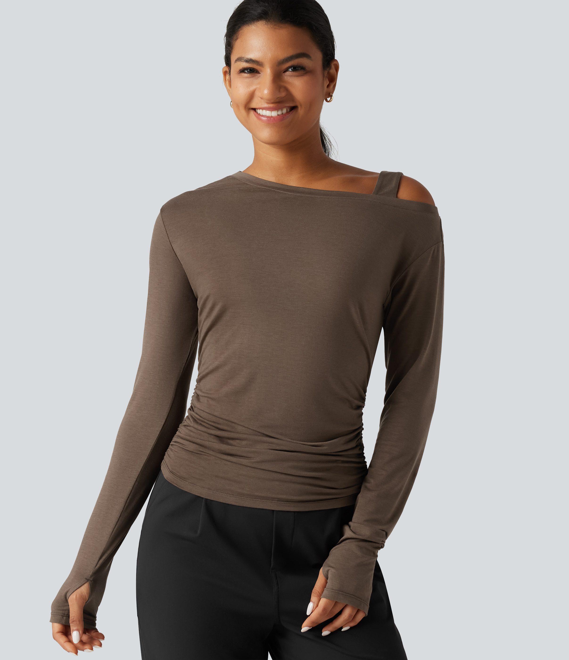 One Shoulder Long Sleeve Thumb Hole Ruched Casual Wool-Blend Top