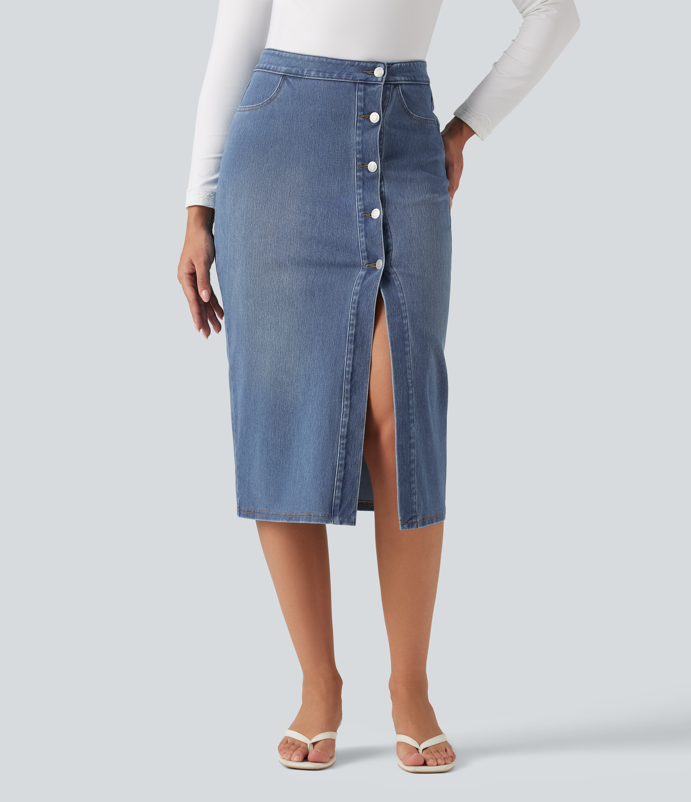 Halara Flex™ High Waisted Denim Bodycorn Midi Casual Skirt with Pockets