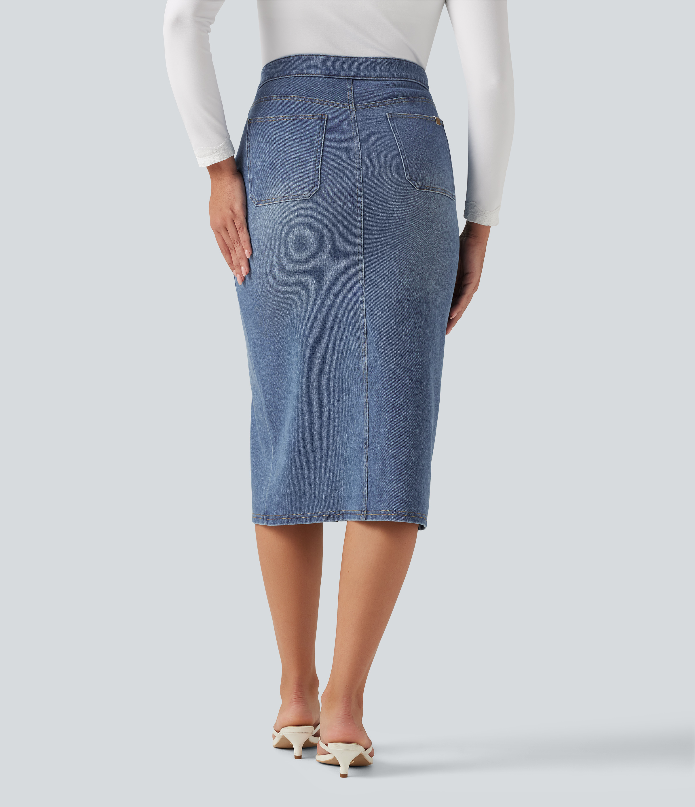  Blue Jasper Denim Halara Flex™ High Waisted Denim Bodycorn Midi Casual Skirt with Pockets / 2