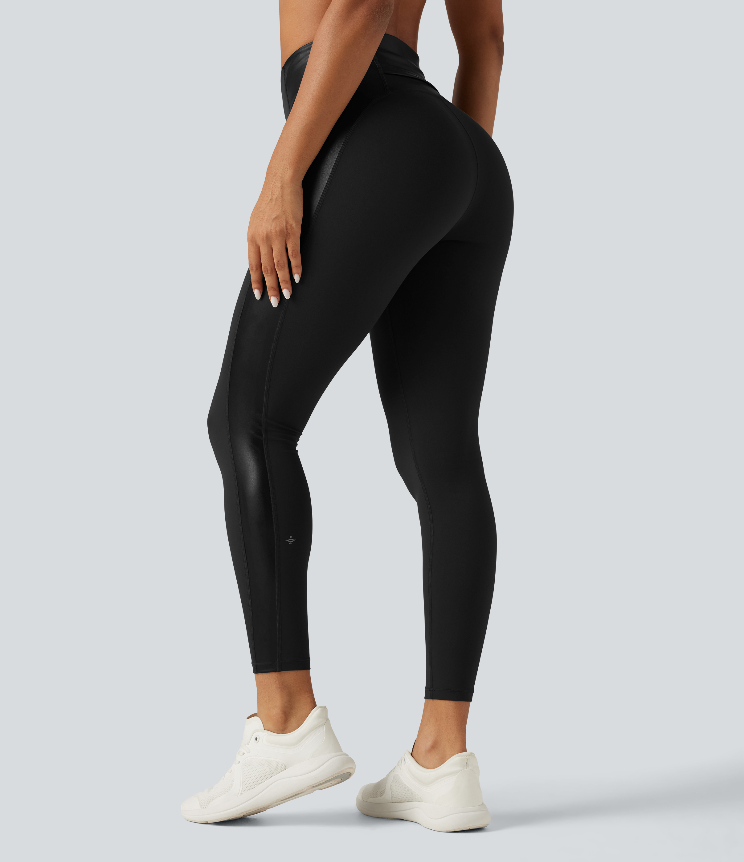 Schwarz Halara UltraSculpt™ Yoga-Leggings mit hohem Bund aus dehnbarem PU, bauchformend, mit Tasche / 2