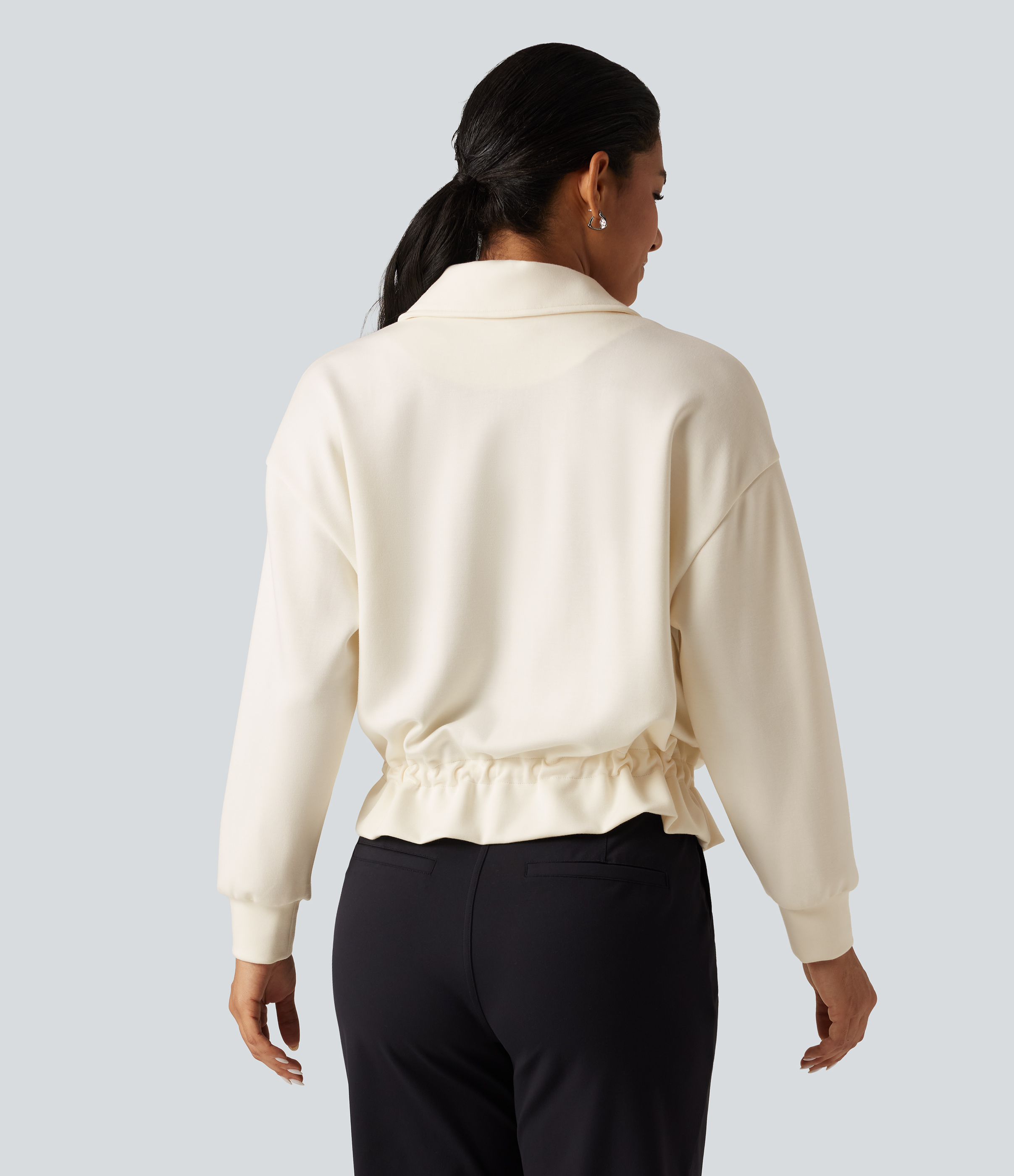 Pristine Lapel Collar Long Sleeve Drawstring Gathered Hem Casual Jacket with Pockets / 2
