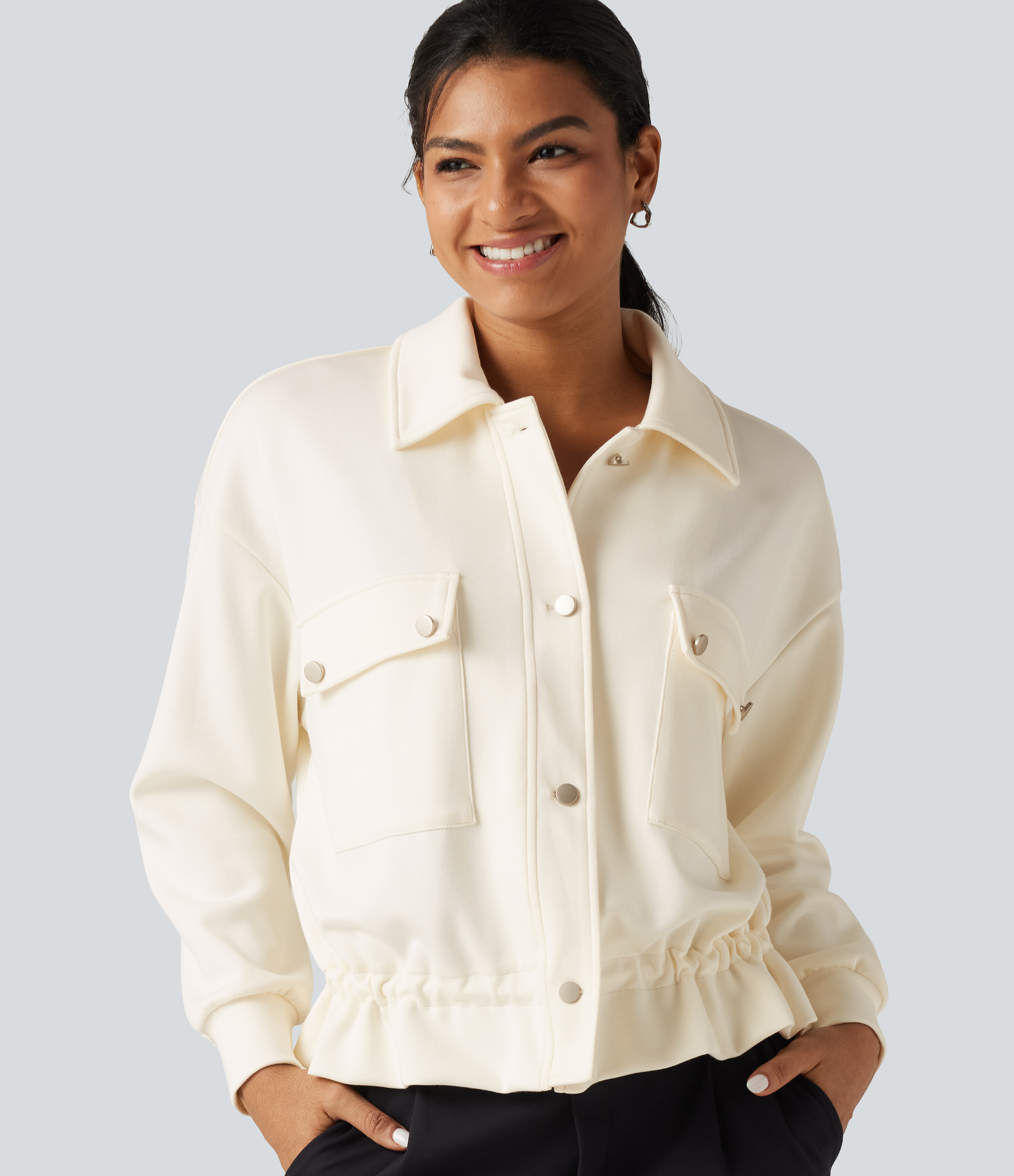Lapel Collar Long Sleeve Drawstring Gathered Hem Casual Jacket with Pockets