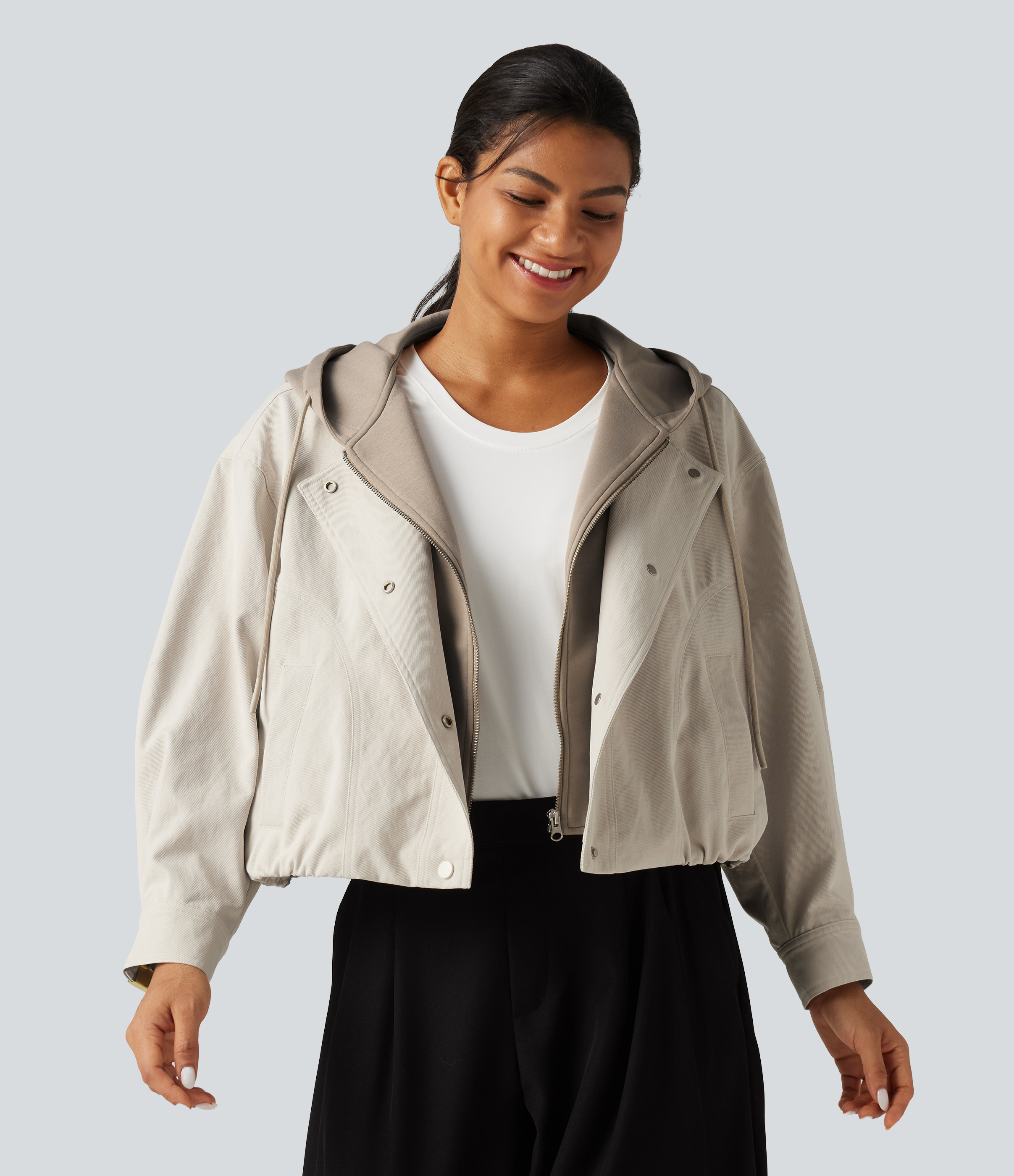 Hooded Long Sleeve Open Front Casual Jacket with Pockets