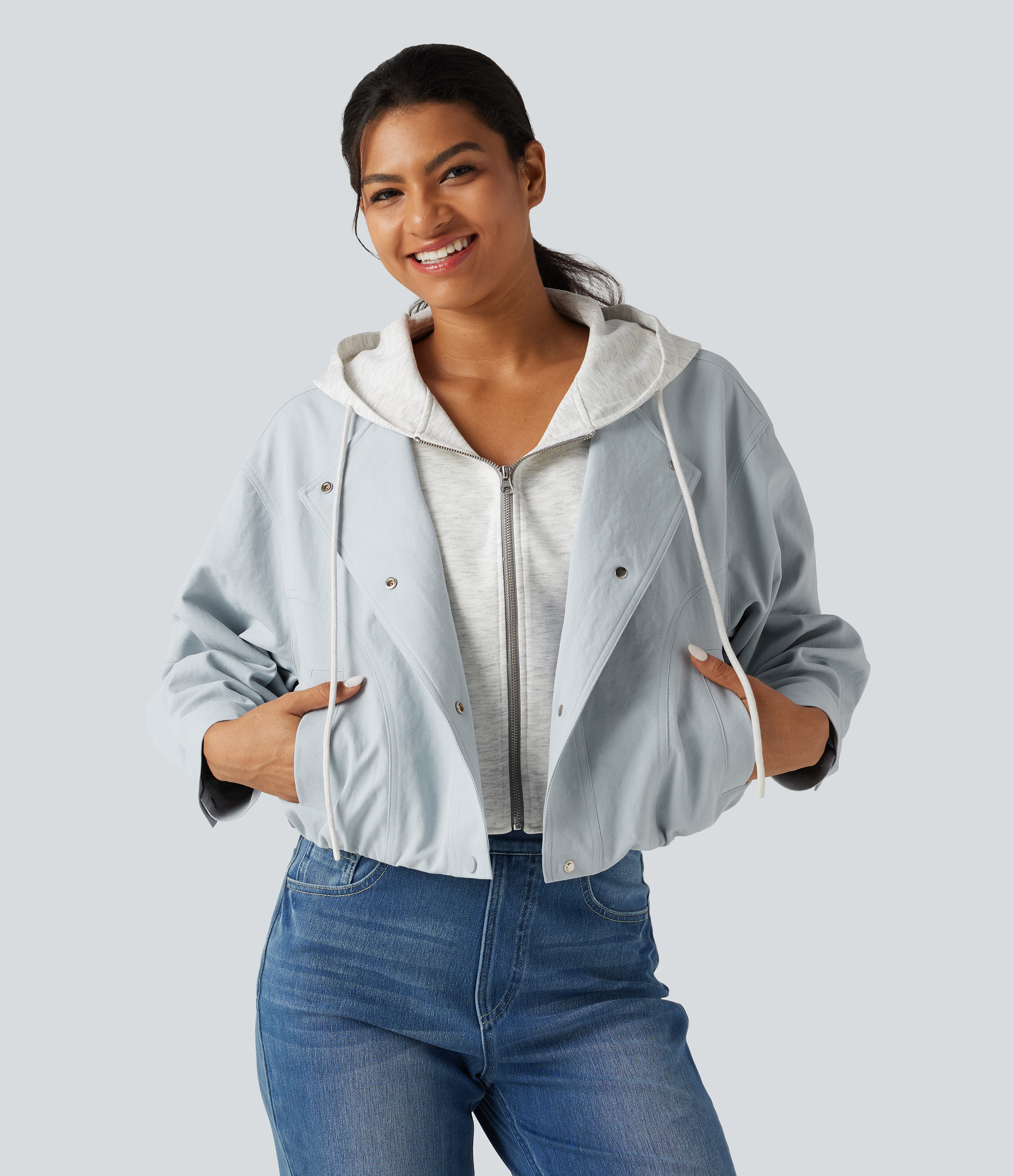 Hooded Long Sleeve Open Front Casual Jacket with Pockets