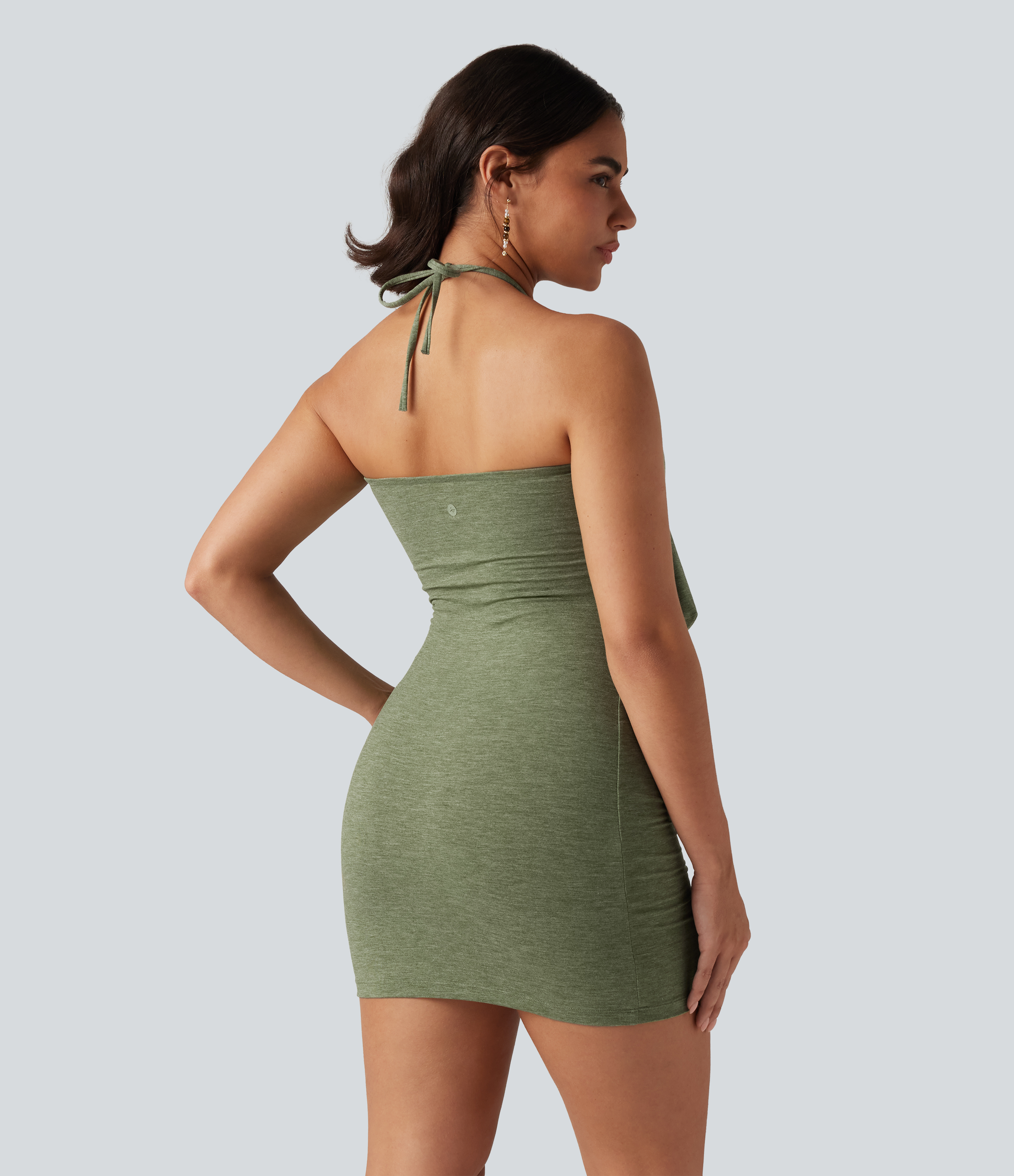 Light Green Floral Yarn Halter Tie Back Ruched Mini Casual Dress / 2