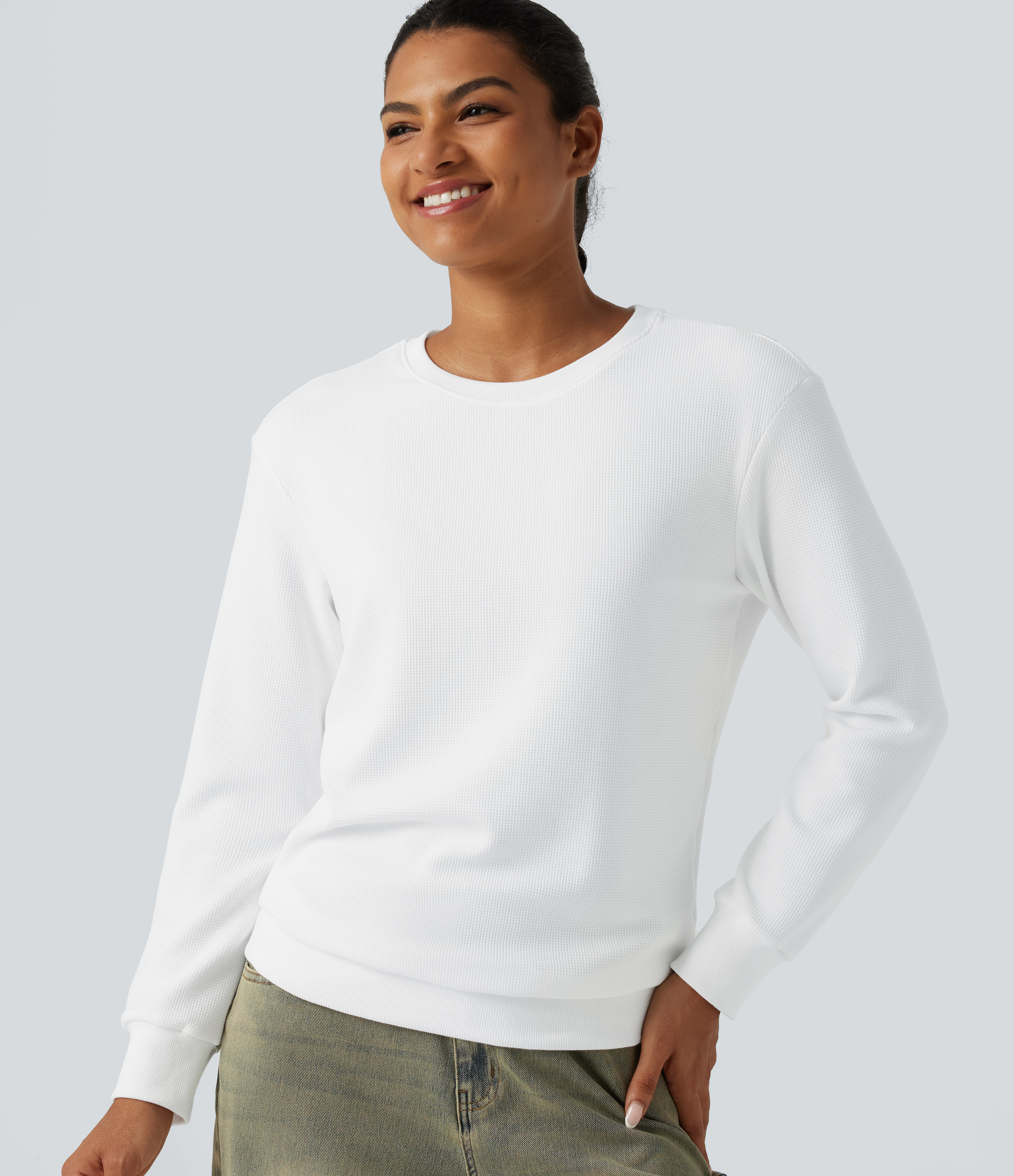 Round Neck Long Sleeve Waffle Casual Tops