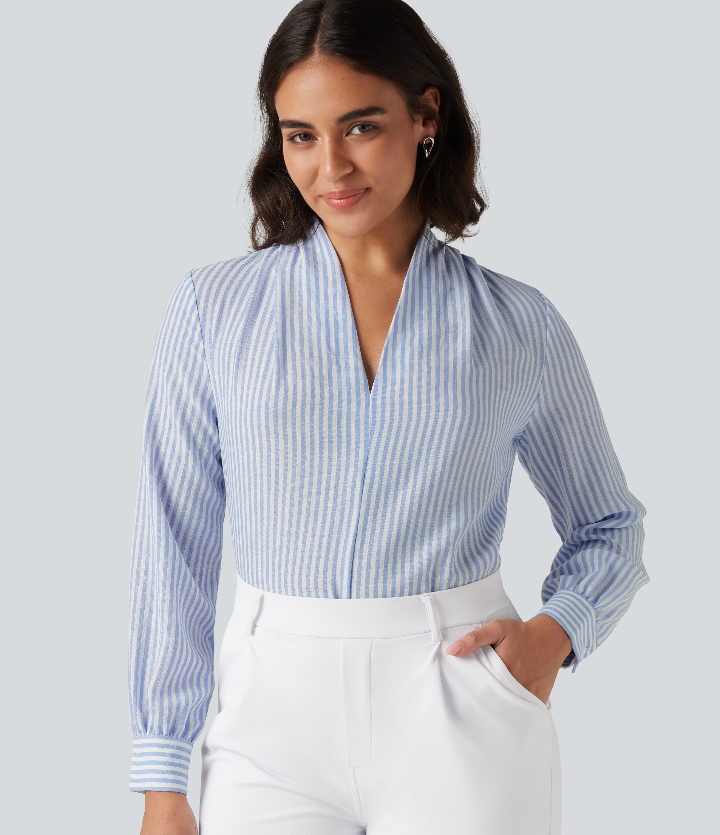 V Neck Long Sleeve Stripe Work Linen-Feel Blouse