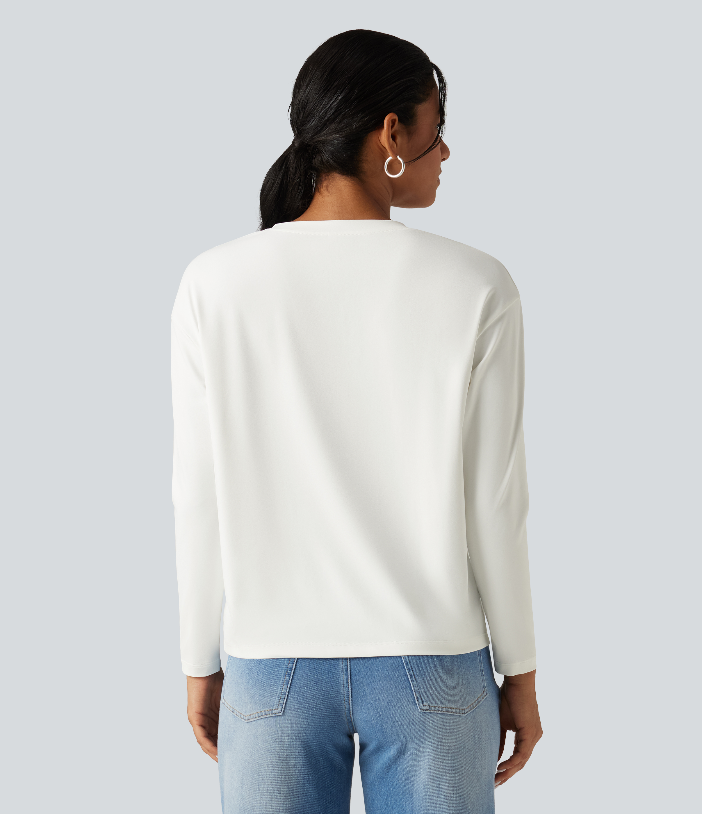 Weiß Lässiges T-Shirt mit Kerbkragen langen Ärmeln und überschnittenen Schultern / 2