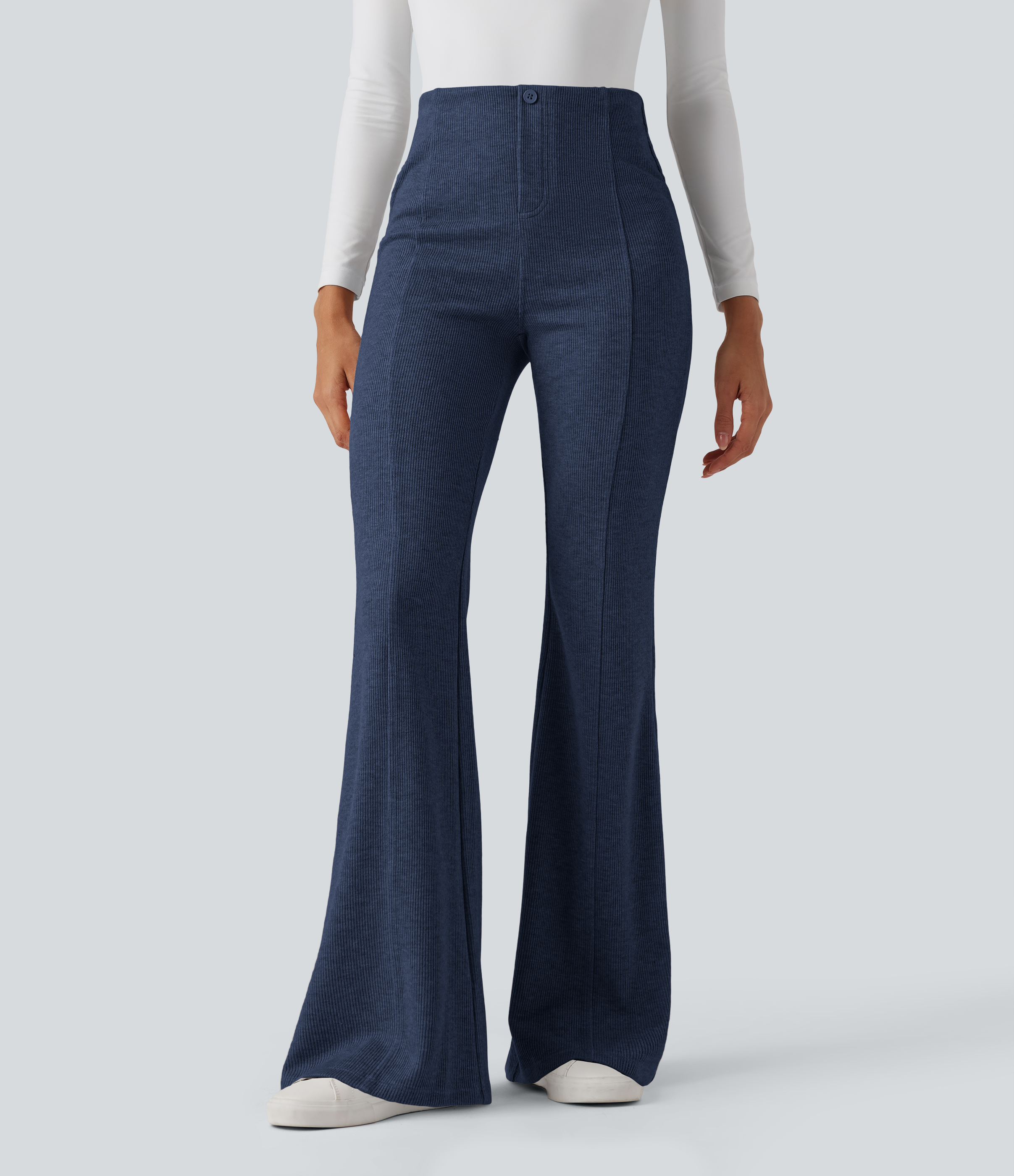 Ribbed High Waisted Tummy Control Casual Flare Trousers