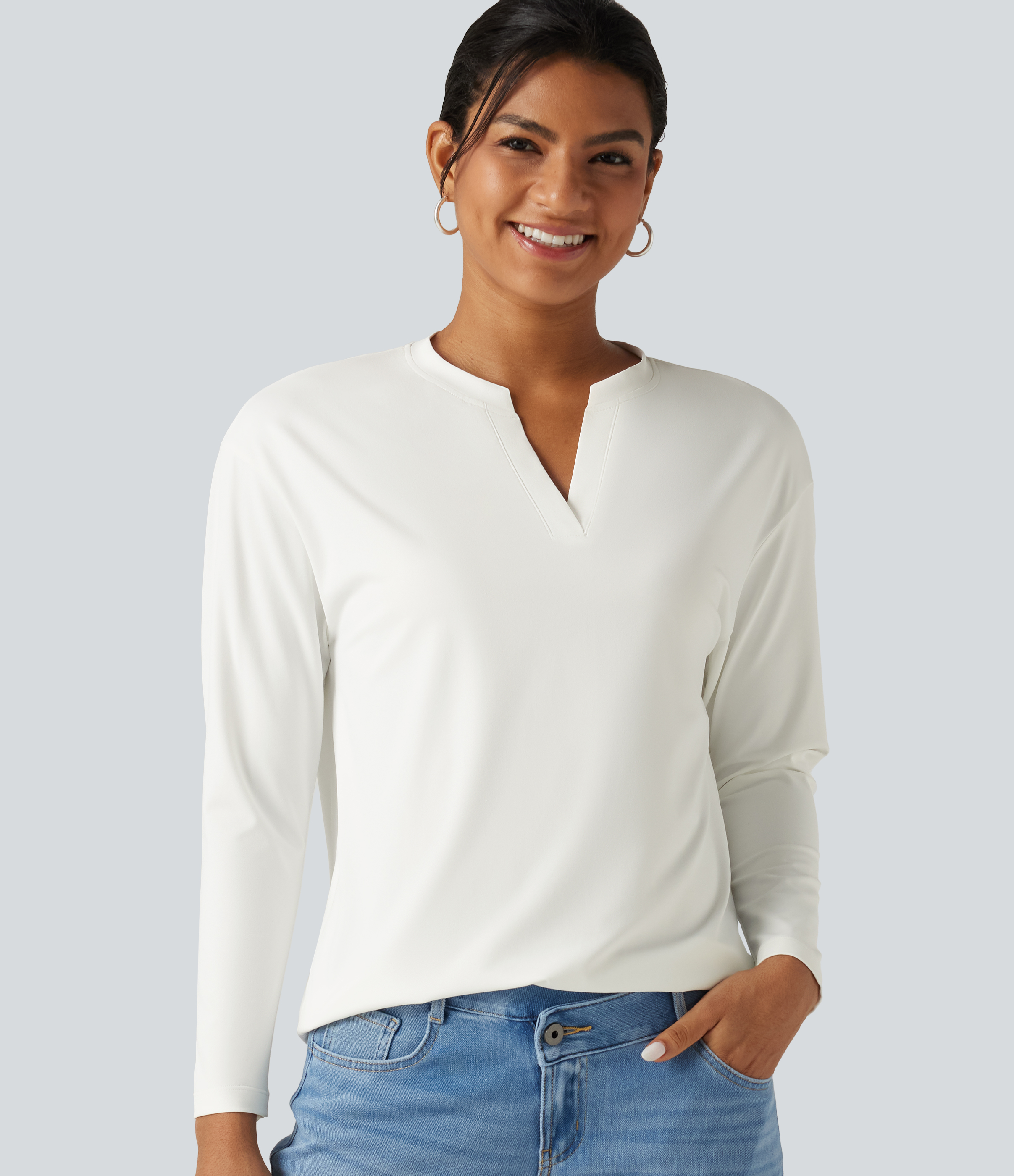 Notched Collar Dropped Shoulder Long Sleeve Casual T-Shirt