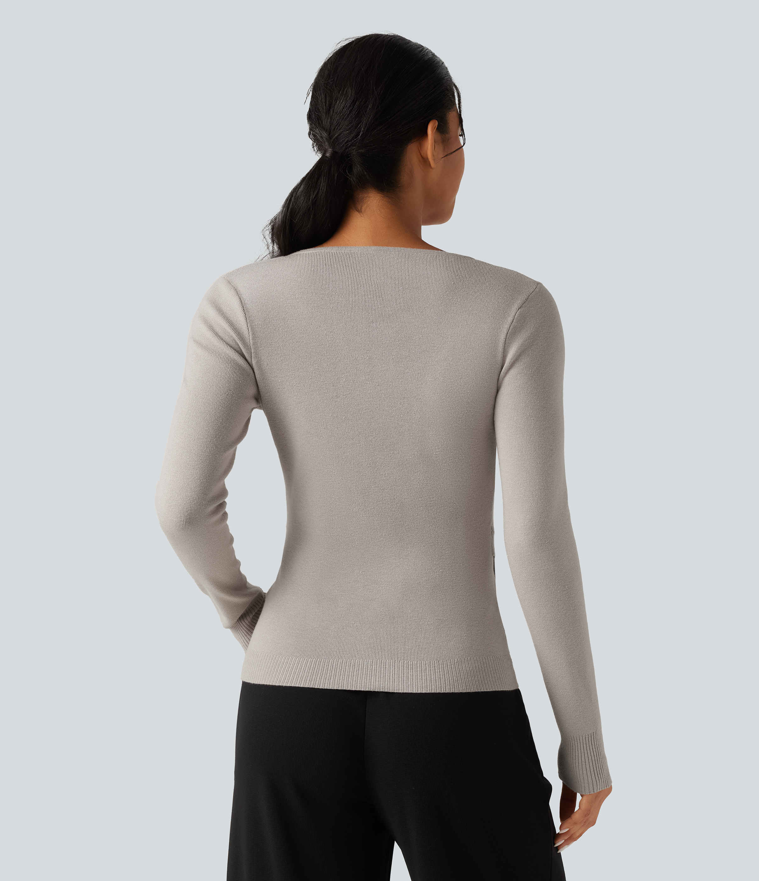 Sweatshirt Gray Round Neck Long Sleeve Slim Lounge Cardigan with Pockets / 2