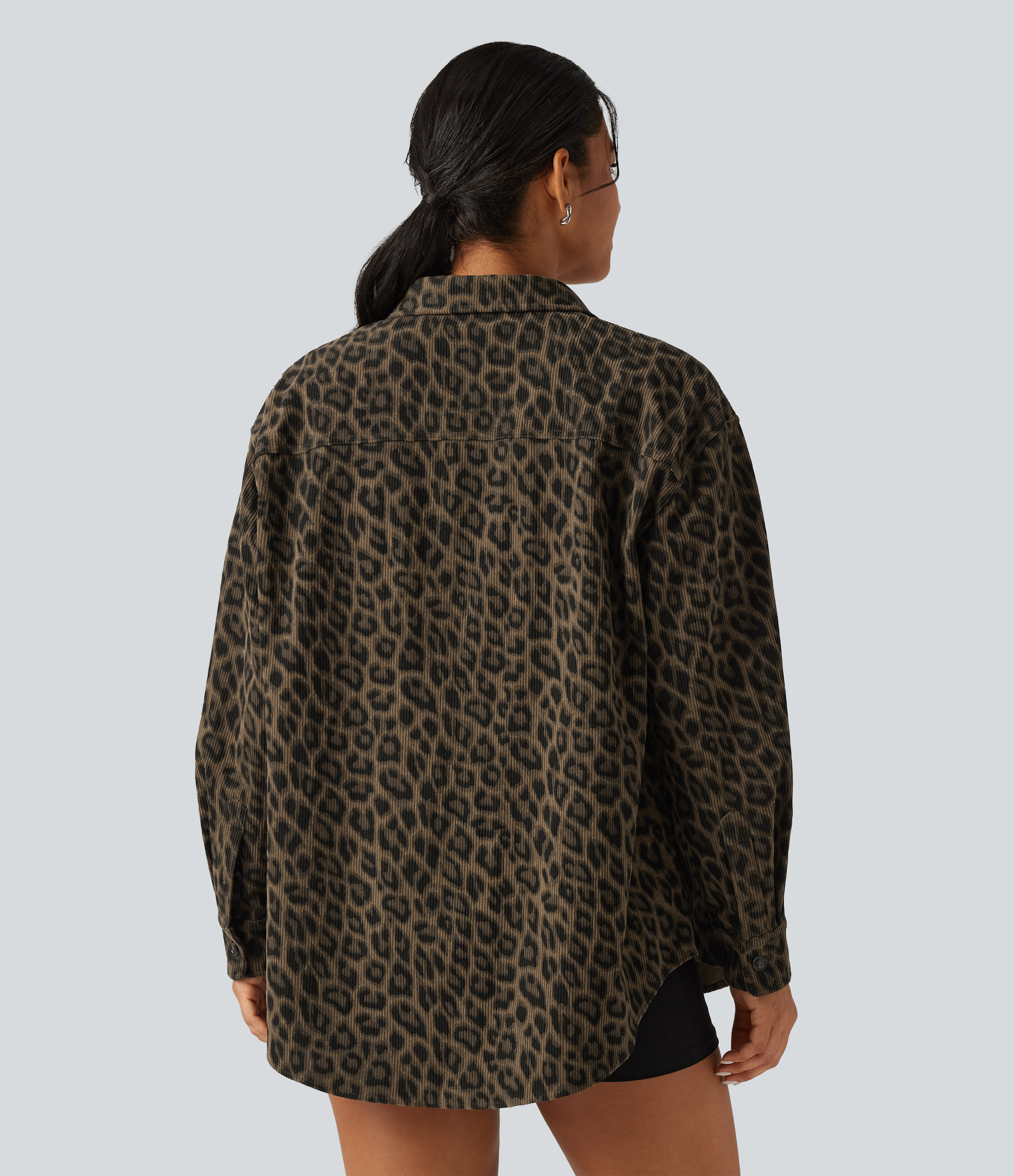 Black Coffee Leopard Print Leopard Print Long Sleeve Corduroy Casual Shirt Jacket with Pocket / 2