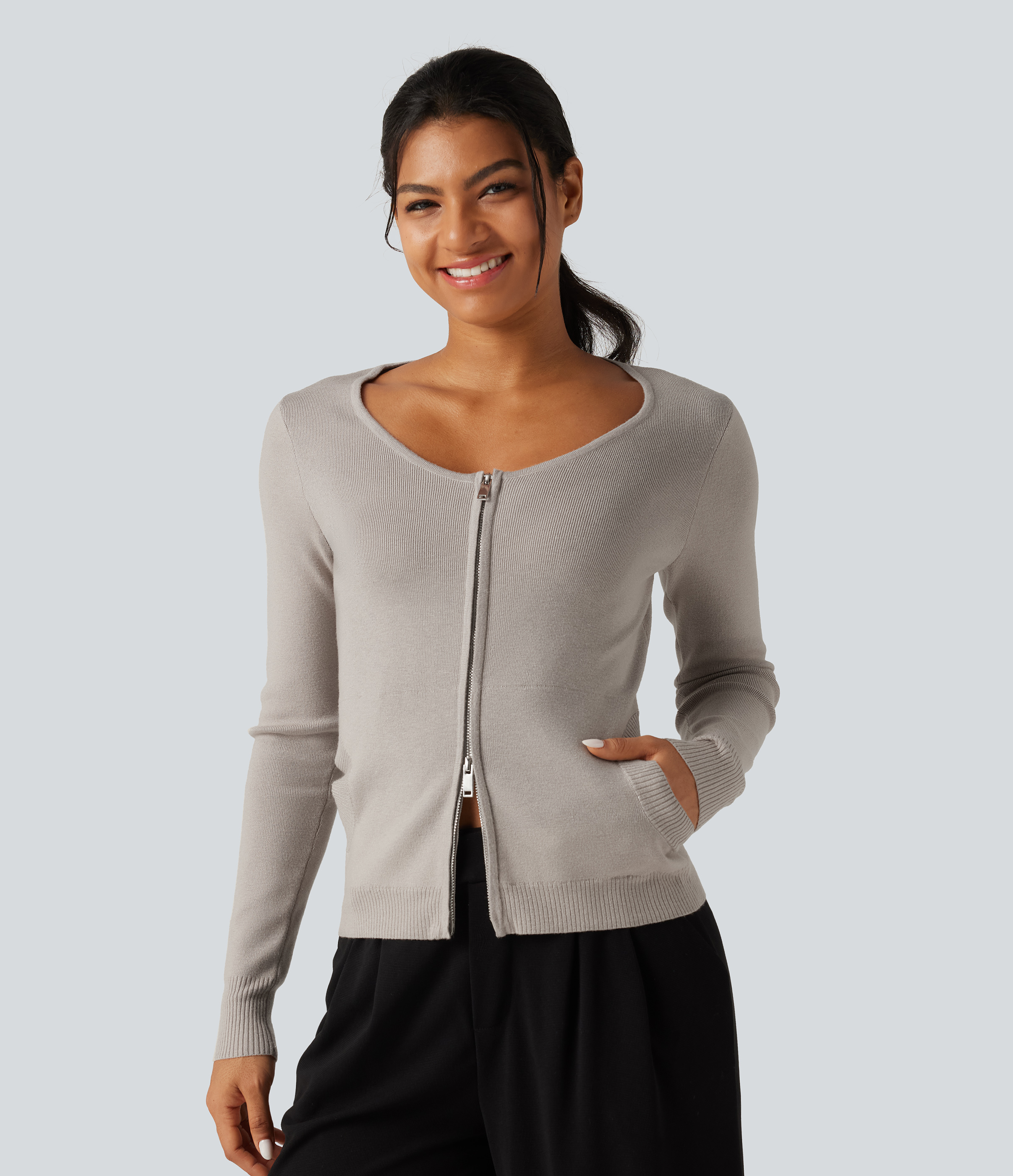 Round Neck Long Sleeve Slim Lounge Cardigan with Pockets