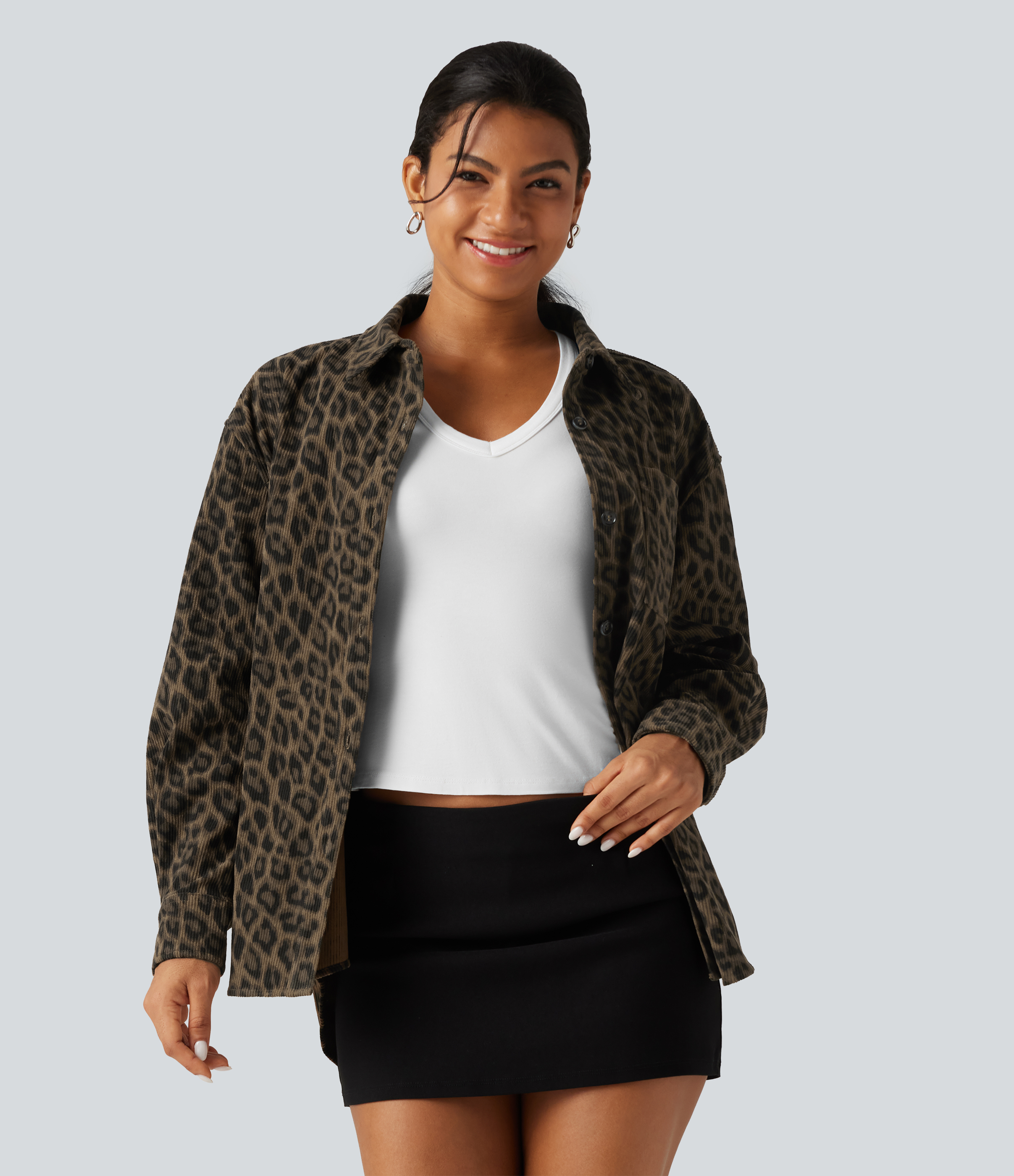 Leopard Print Long Sleeve Corduroy Casual Shirt Jacket with Pocket