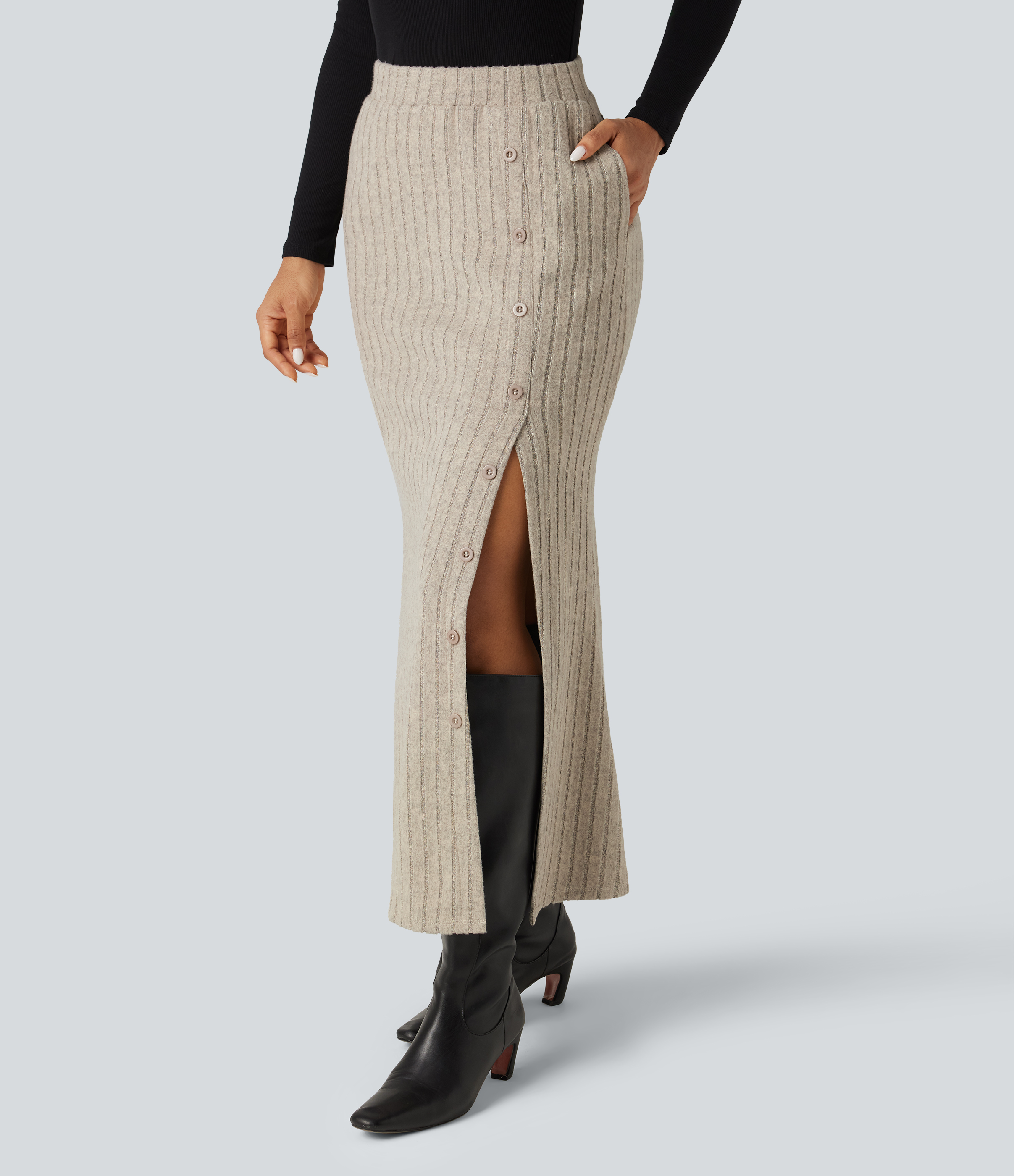 Ribbed Knit High Waisted Split Bodycon Maxi Casual Skirt with Pockets