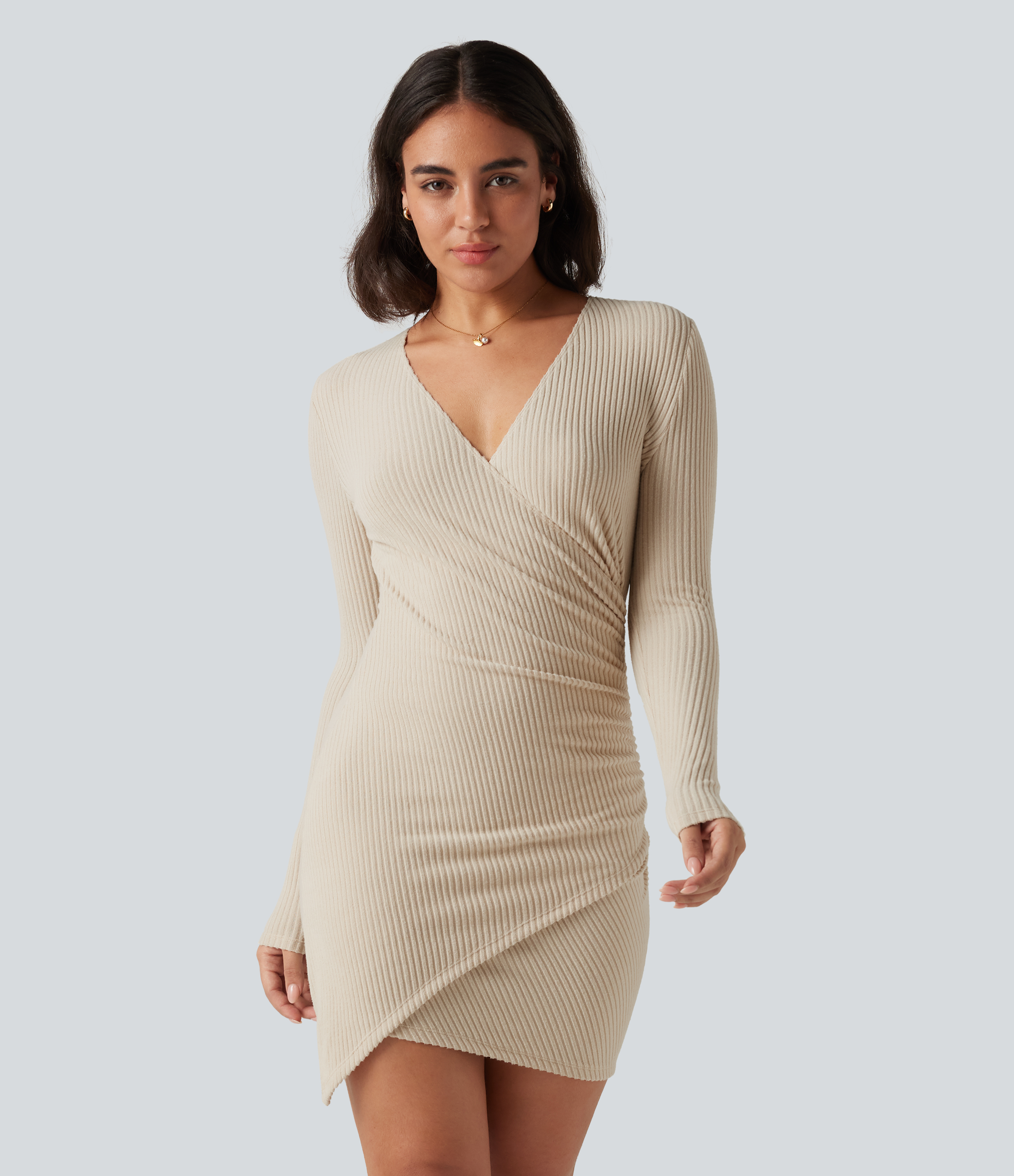 Ribbed Knit Deep V Neck Long Sleeve Ruched Bodycon Mini Casual Dress 