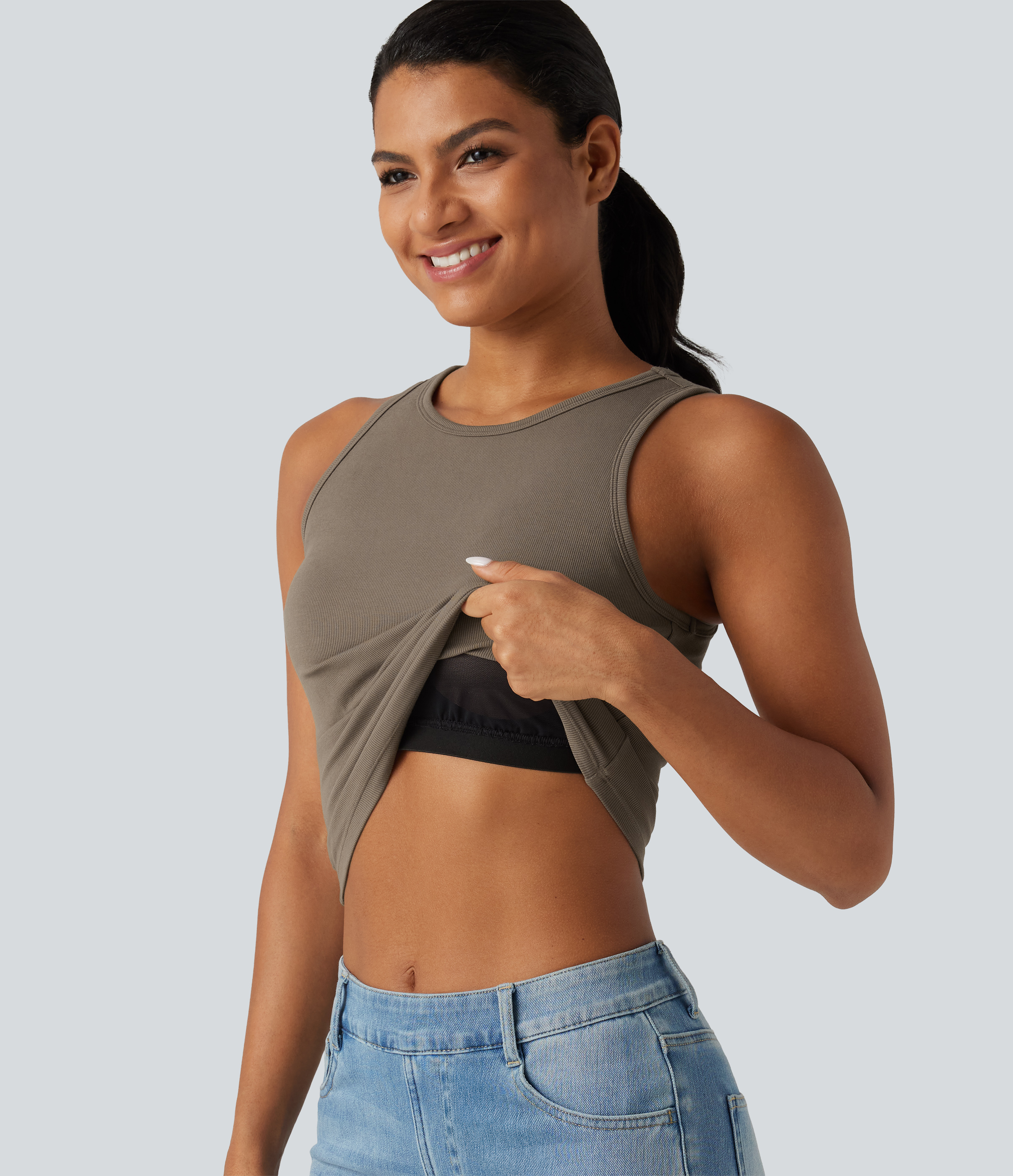 Ribbed Knit Round Neck Built-in Bra Cut Out Cropped Casual Tank Top