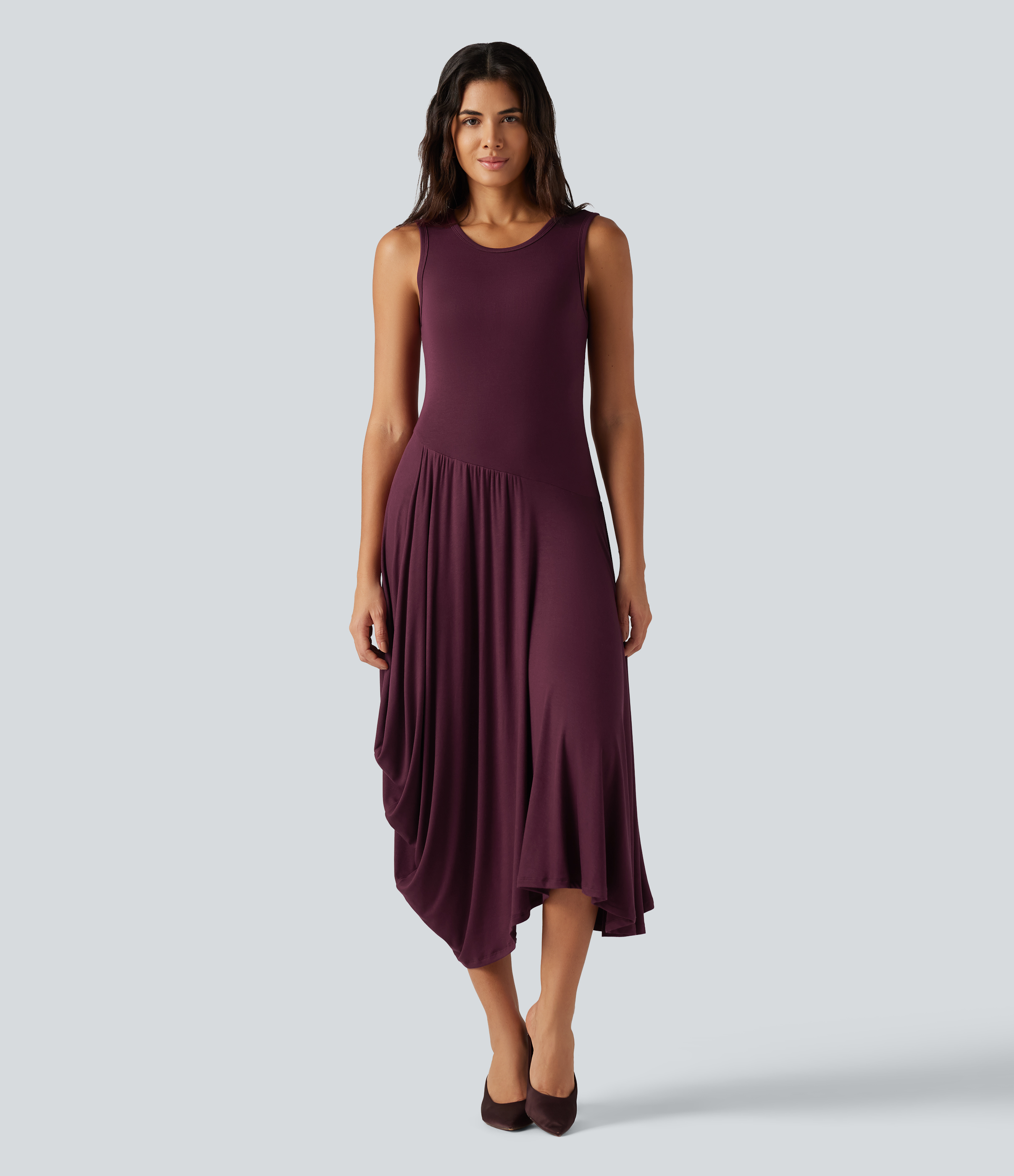 Ribbed Round Neck Sleeveless Asymmetric Flowy Midi Casual Dress