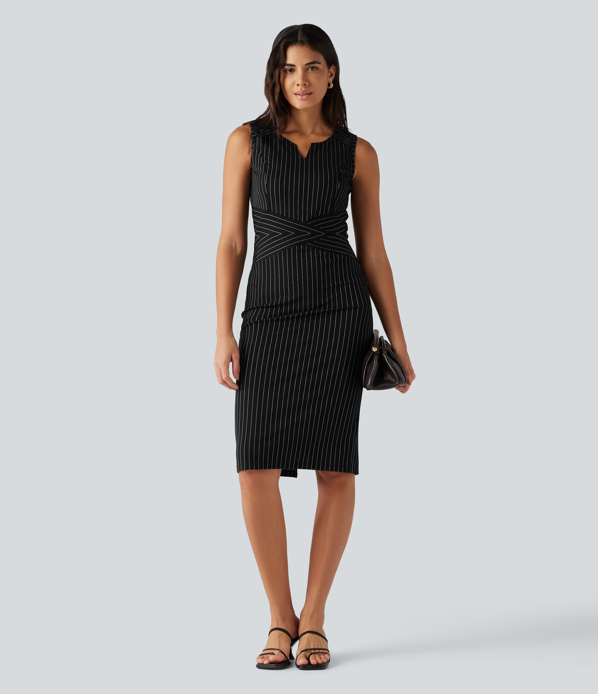 Notched Collar Sleeveless Bodycon Stripe Midi Work Dress