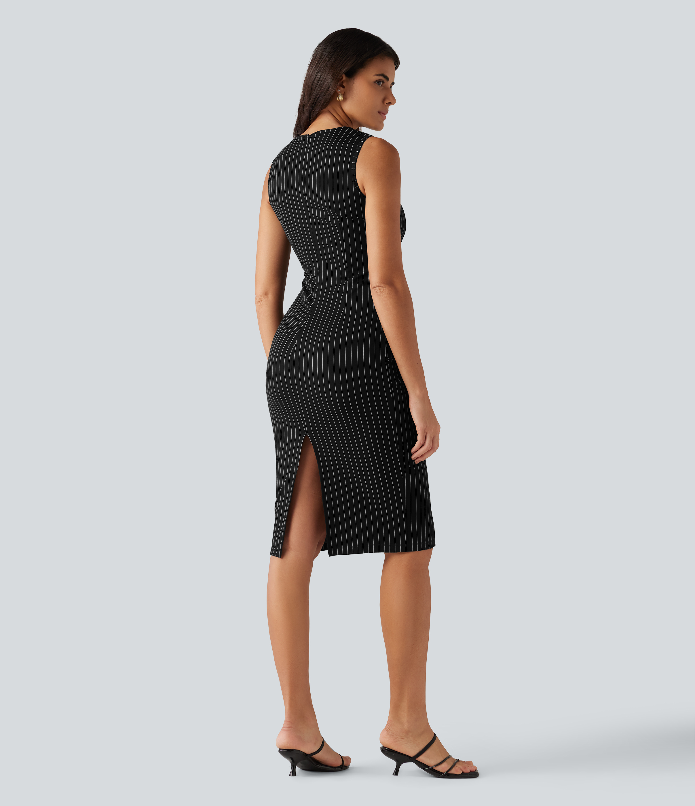 Black White Pinstripe Notched Collar Sleeveless Bodycon Stripe Midi Work Dress / 2