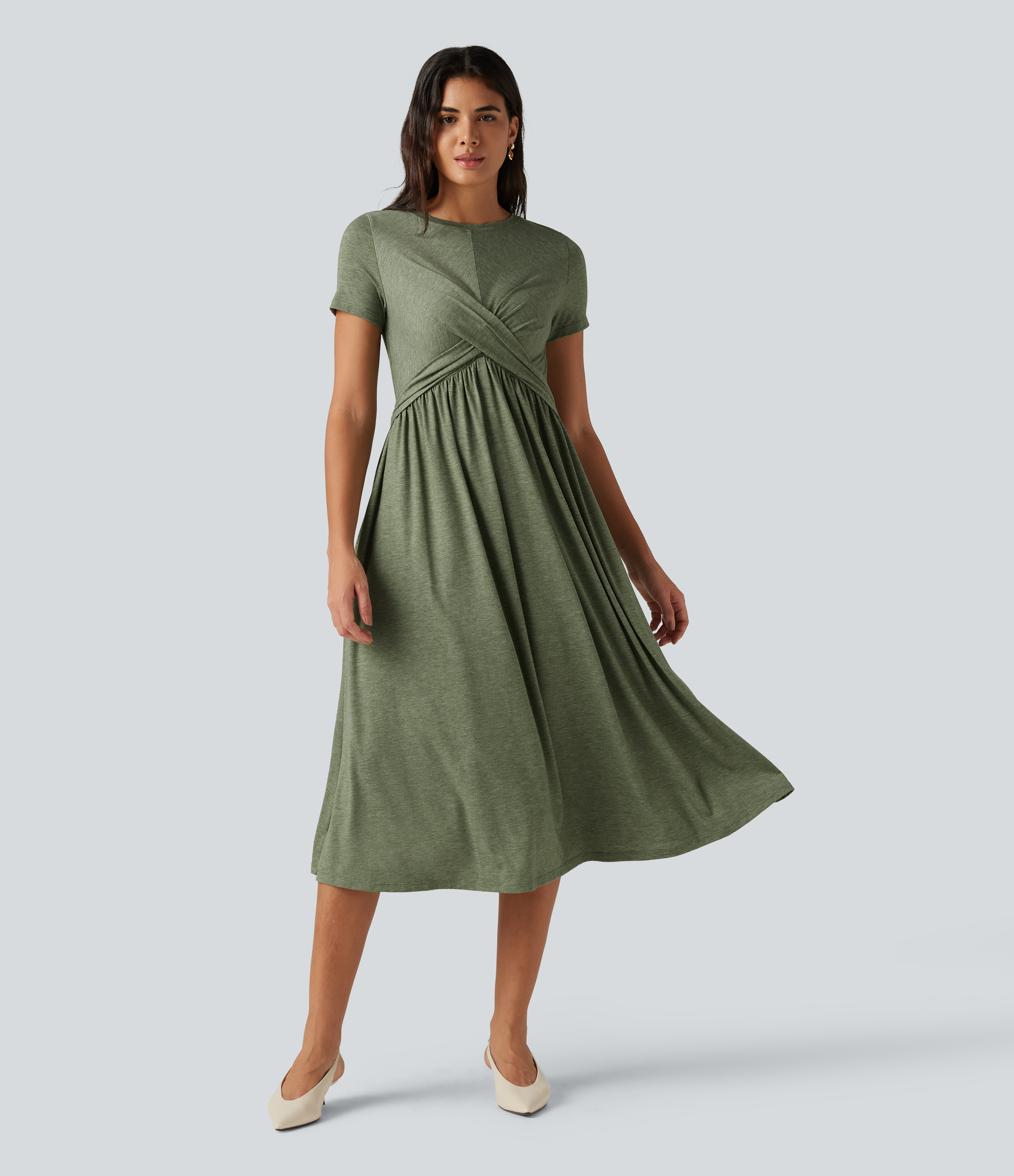 Round Neck Short Sleeve A-Line Flowy Midi Casual Dress with Pockets