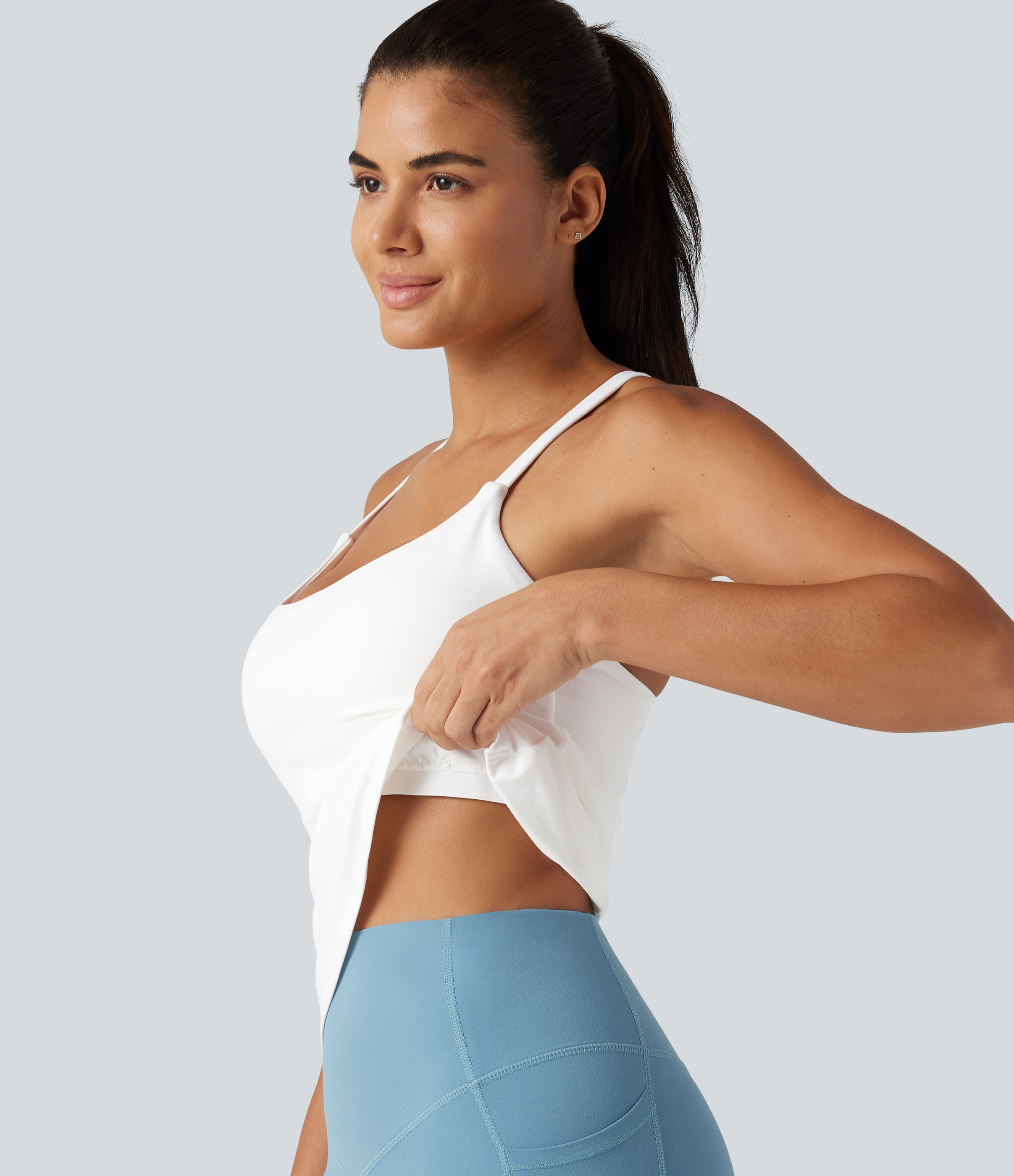 Scoop Neck Crisscross Back Crossover Hem Built-in Bra Yoga Cami Top DD-F Cups-Longer Length