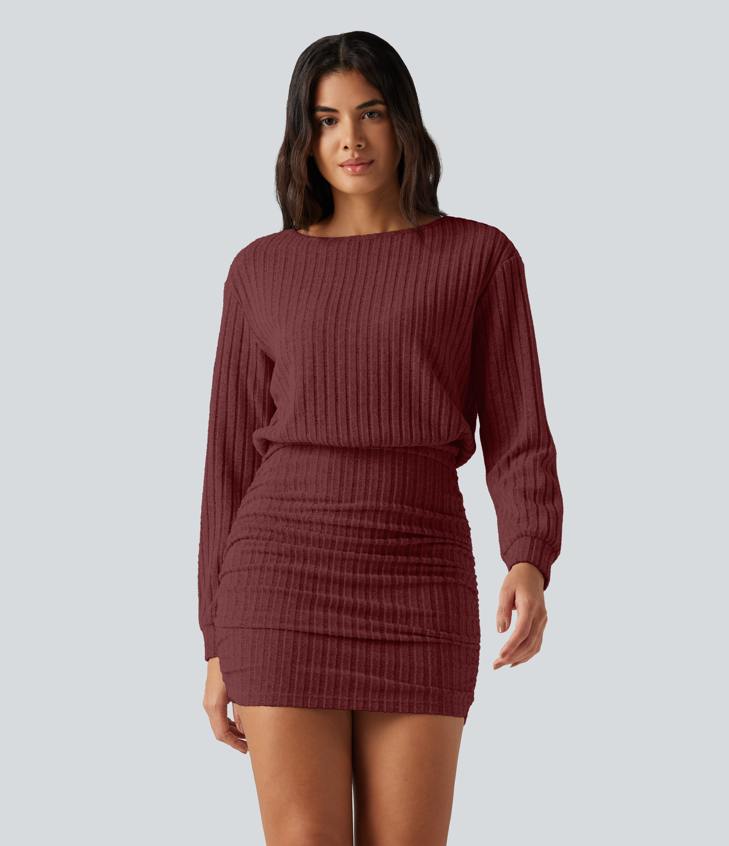 Ribbed Knit Boat Neck Long Sleeve Mini Casual Dress