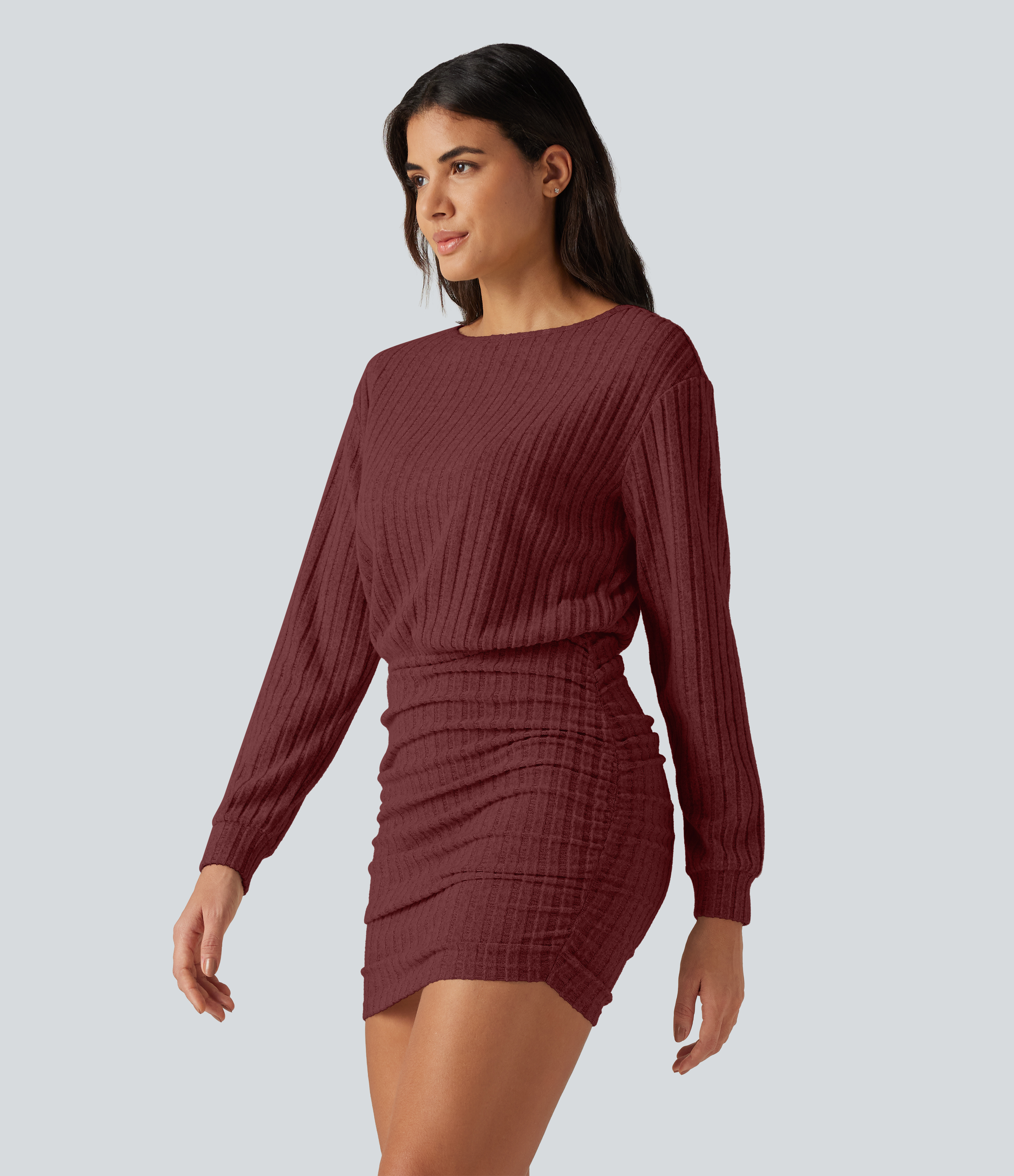 Ribbed Knit Boat Neck Long Sleeve Mini Casual Dress