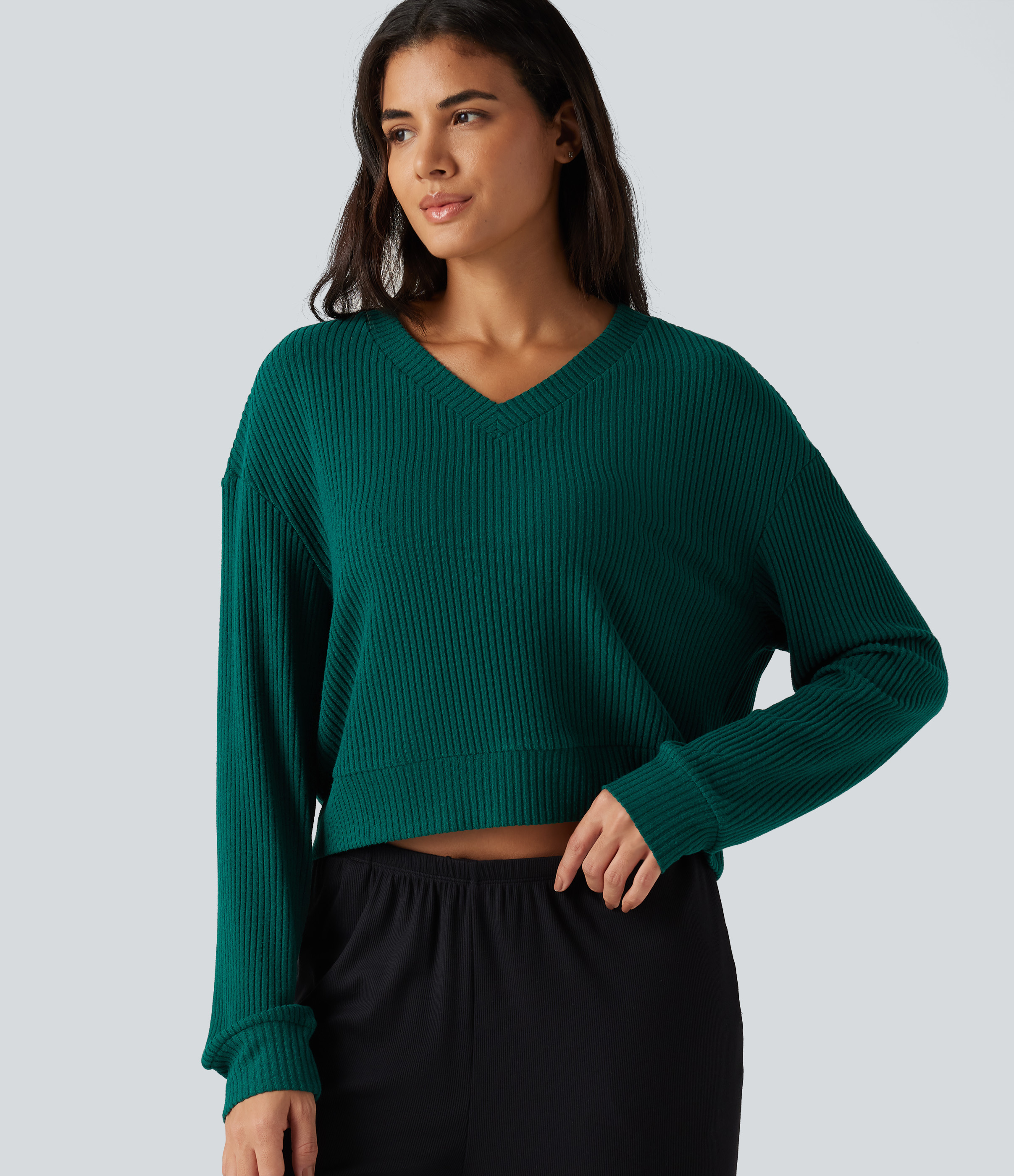 Ribbed Knit V Neck Dropped Shoulder Long Sleeve Boxy Cropped Lounge Top
