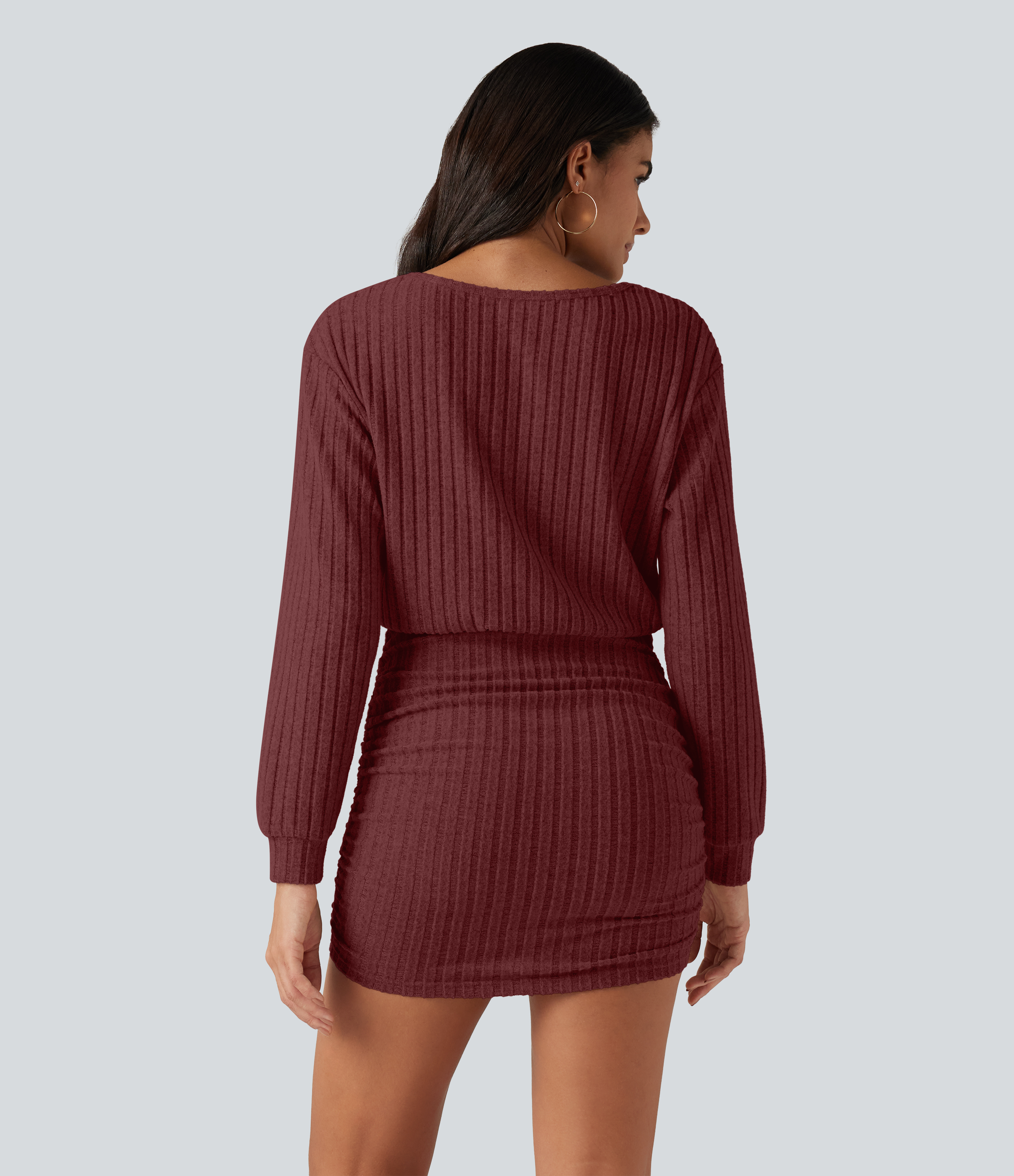 Pomegranate Robe mini en maille côtelée à encolure bateau et manches longues / 2