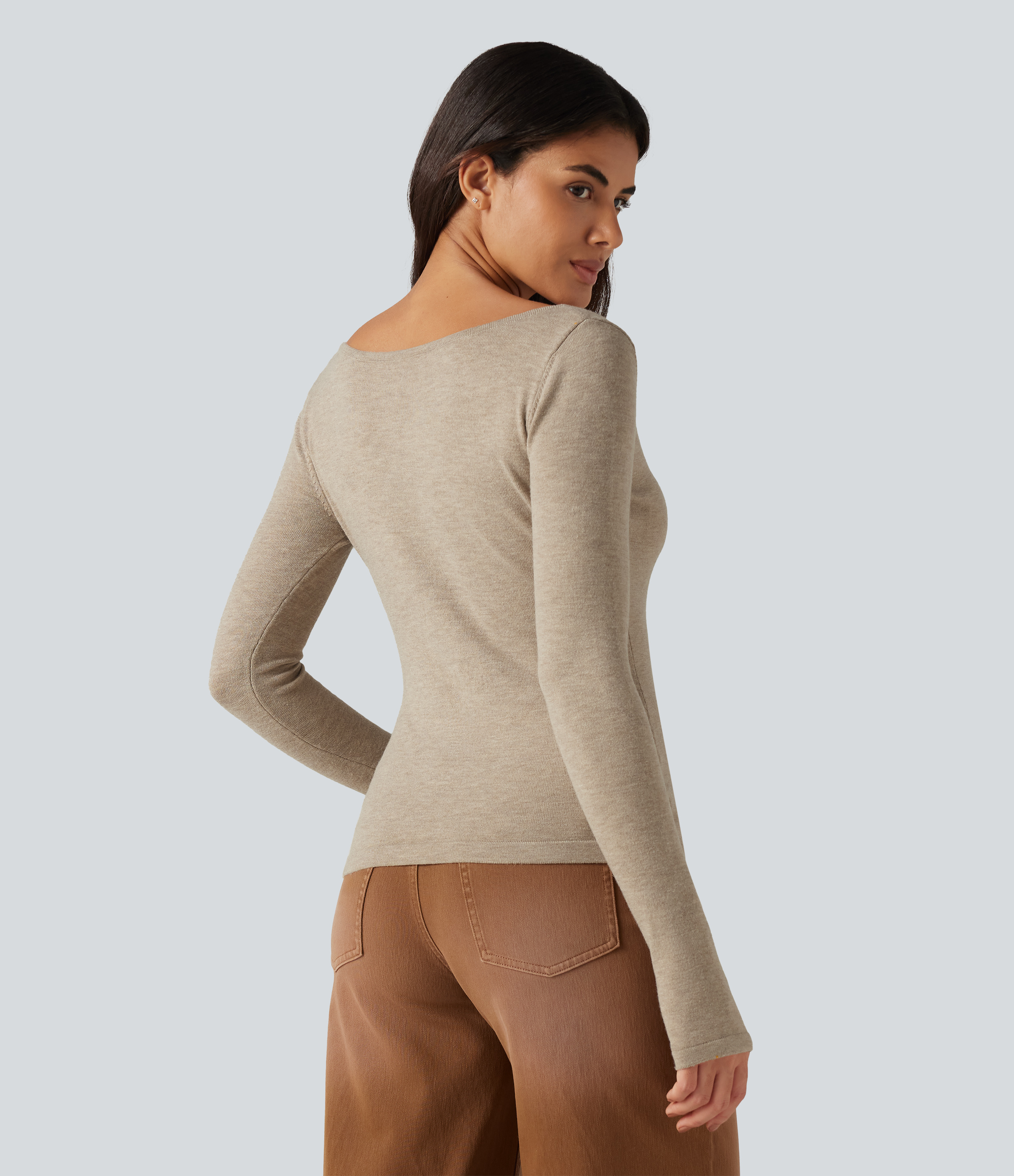 Oatmeal Khaki V Neck Long Sleeve Slim Casual Jumper / 2