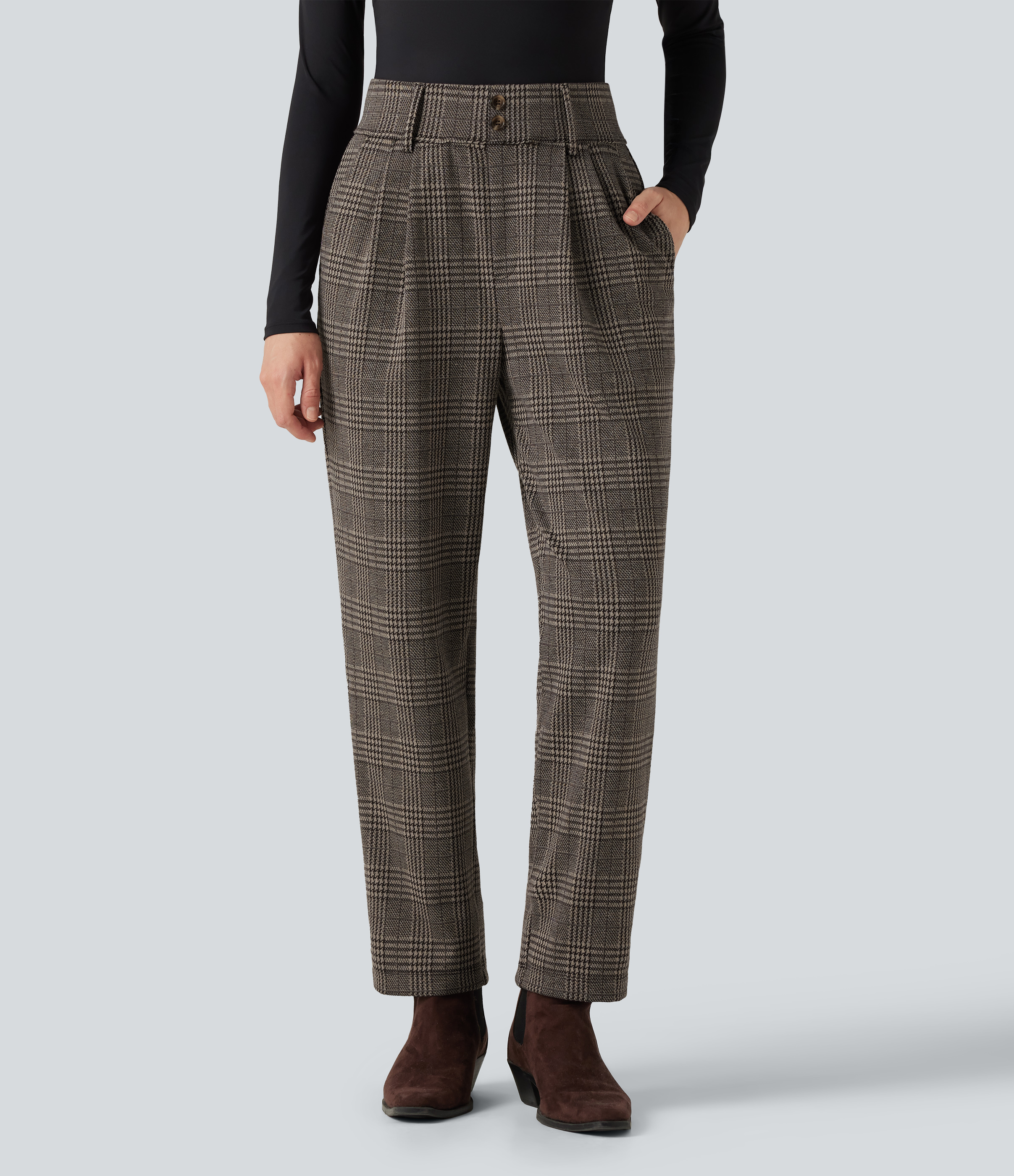 Halara Flex™ High Waisted Tapered Houndstooth Plaid Work Pants with Pockets