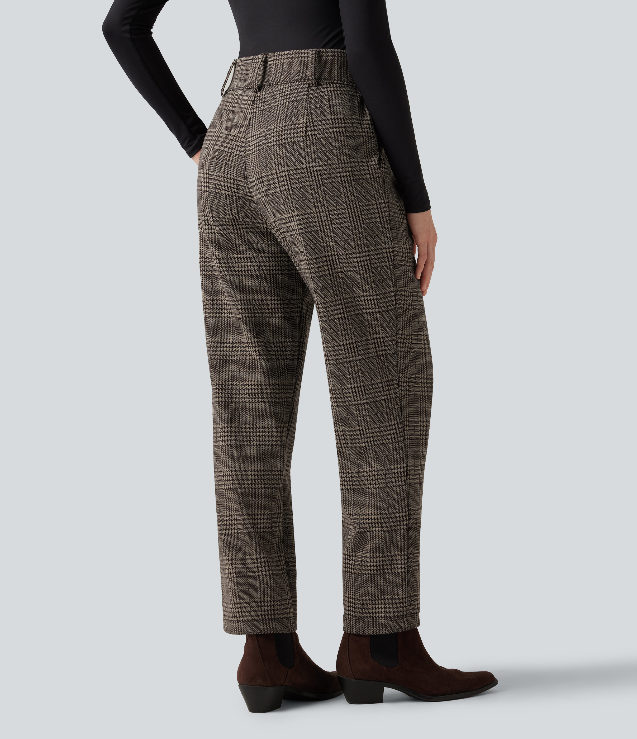 Brown Houndstooth Plaid Halara Flex™ High Waisted Tapered Houndstooth Plaid Work Trousers with Pockets / 2