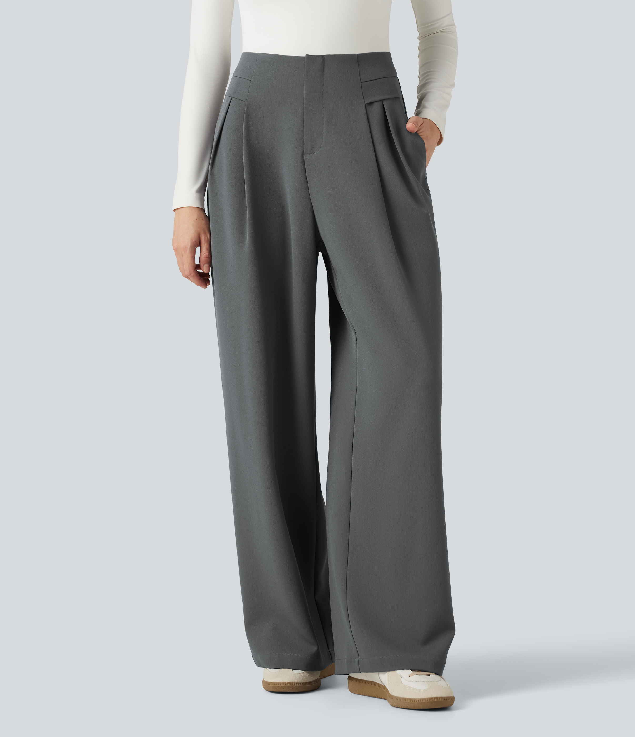 Poppy Seed High Waisted Baggy Work Trousers with Pockets / 2