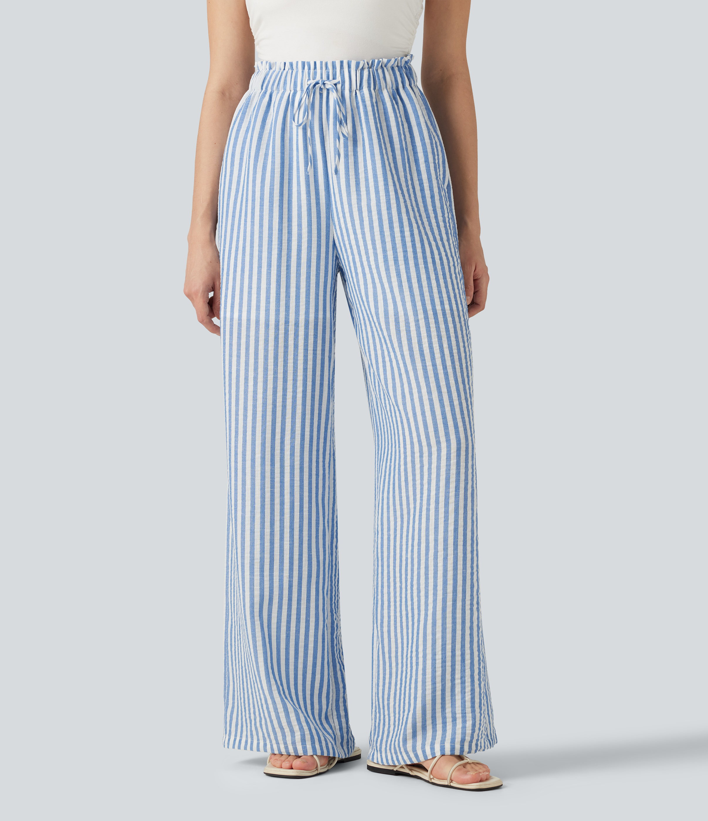High Waisted Drawstring Wide Leg Stripe 2-in-1 Casual Linen-Feel Pants with Pockets