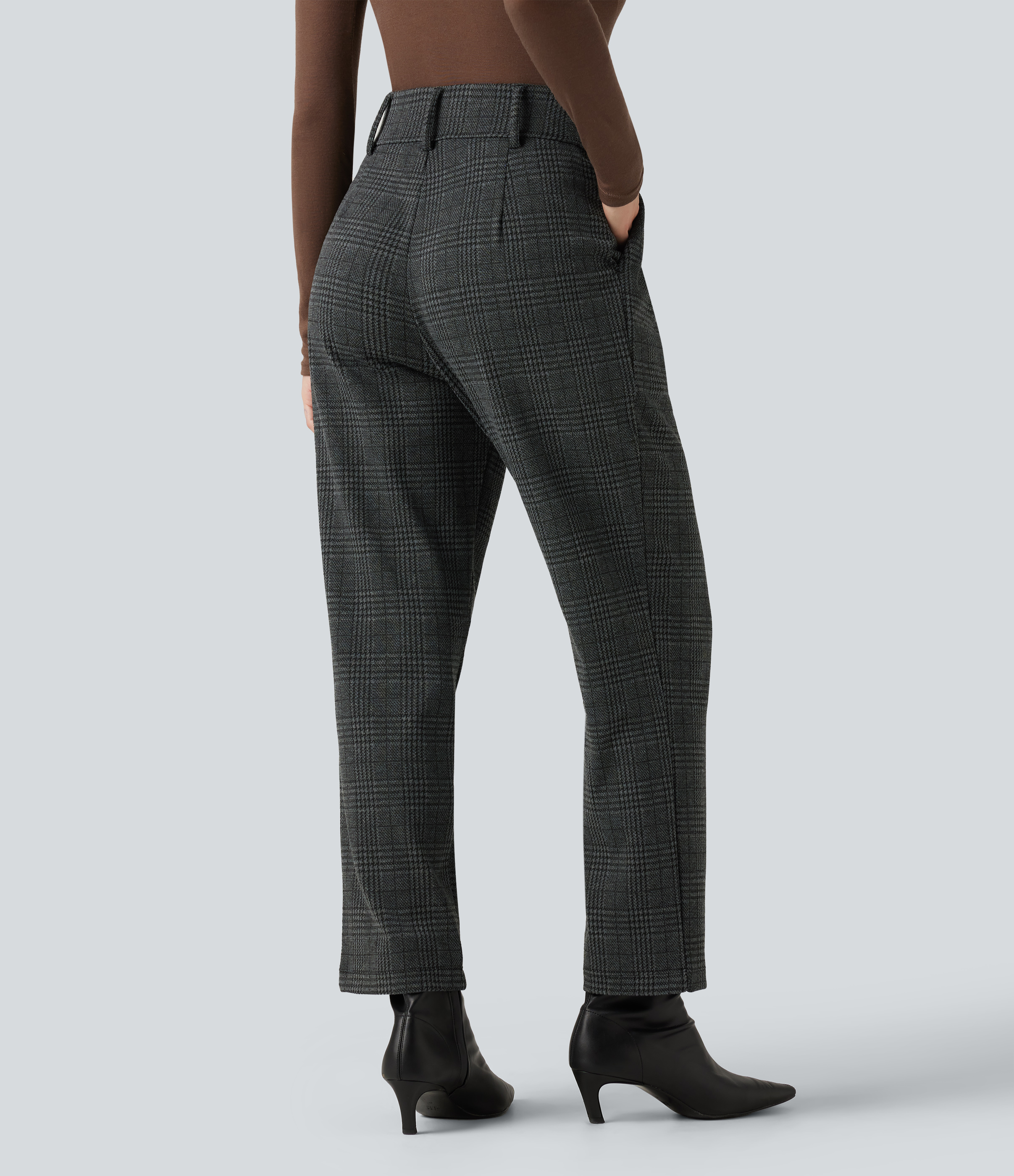 Charcoal Black Houndstooth Plaid Pantalon de bureau fuselé Halara Flex™ taille haute à motif pied-de-poule avec poches / 2
