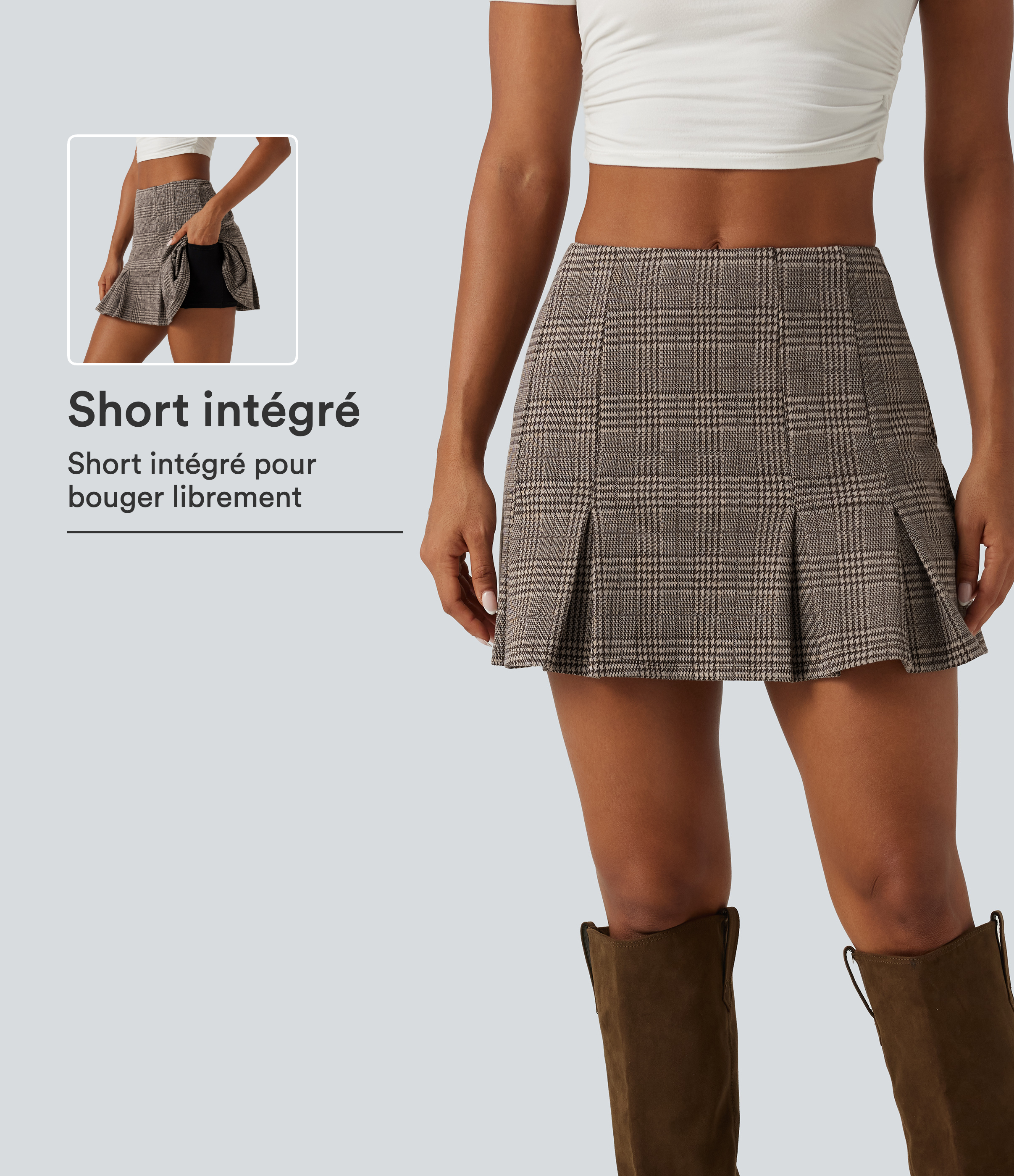 Jupe-short mini de bureau taille haute plissée coupe trapèze à motif pied-de-poule avec poches