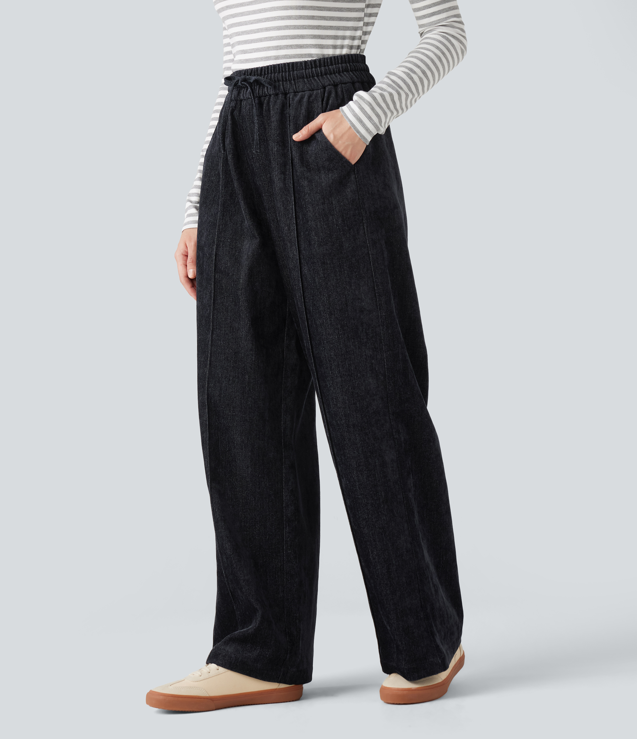 Dark Navy Pantalon ample décontracté taille haute avec cordon et poches / 2