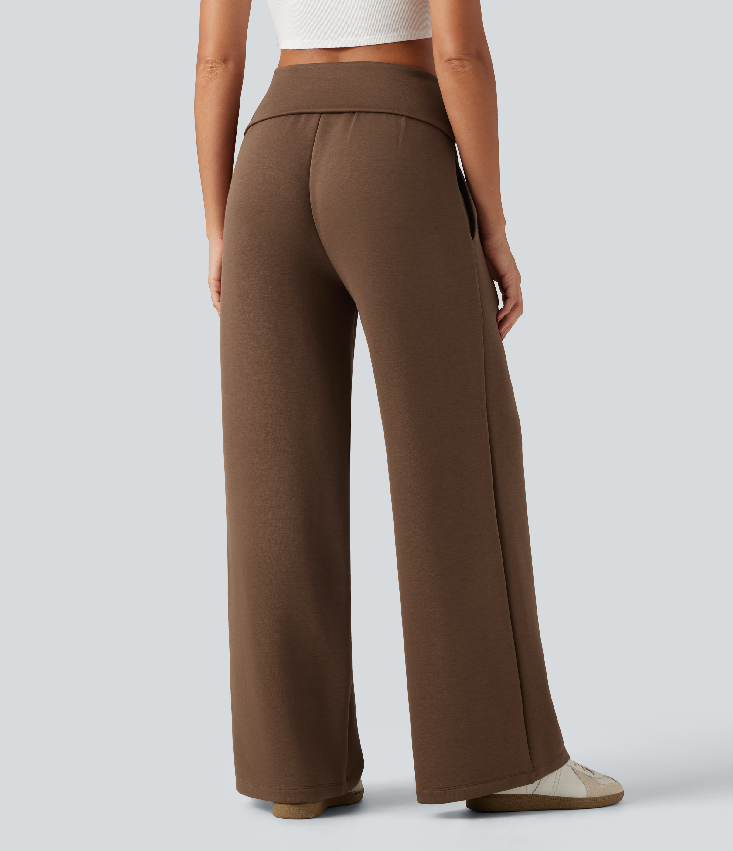 Cocoa Brown Pantalon de jogging ample décontracté taille mi-haute à ceinture repliable avec poches / 2