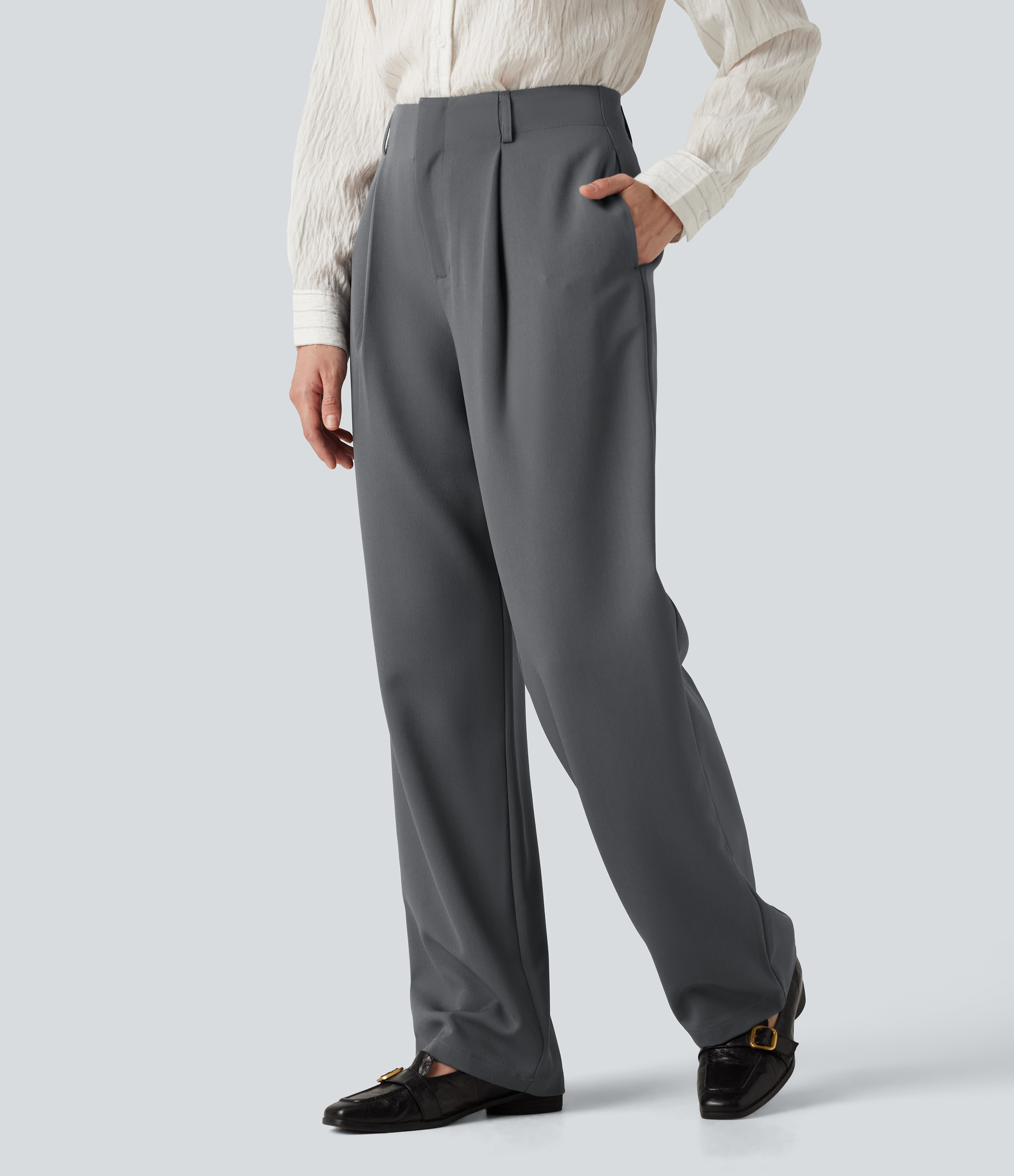 Gray Pinstripe Pracovní kalhoty s vysokým pasem, širokými nohavicemi a kapsami / 2