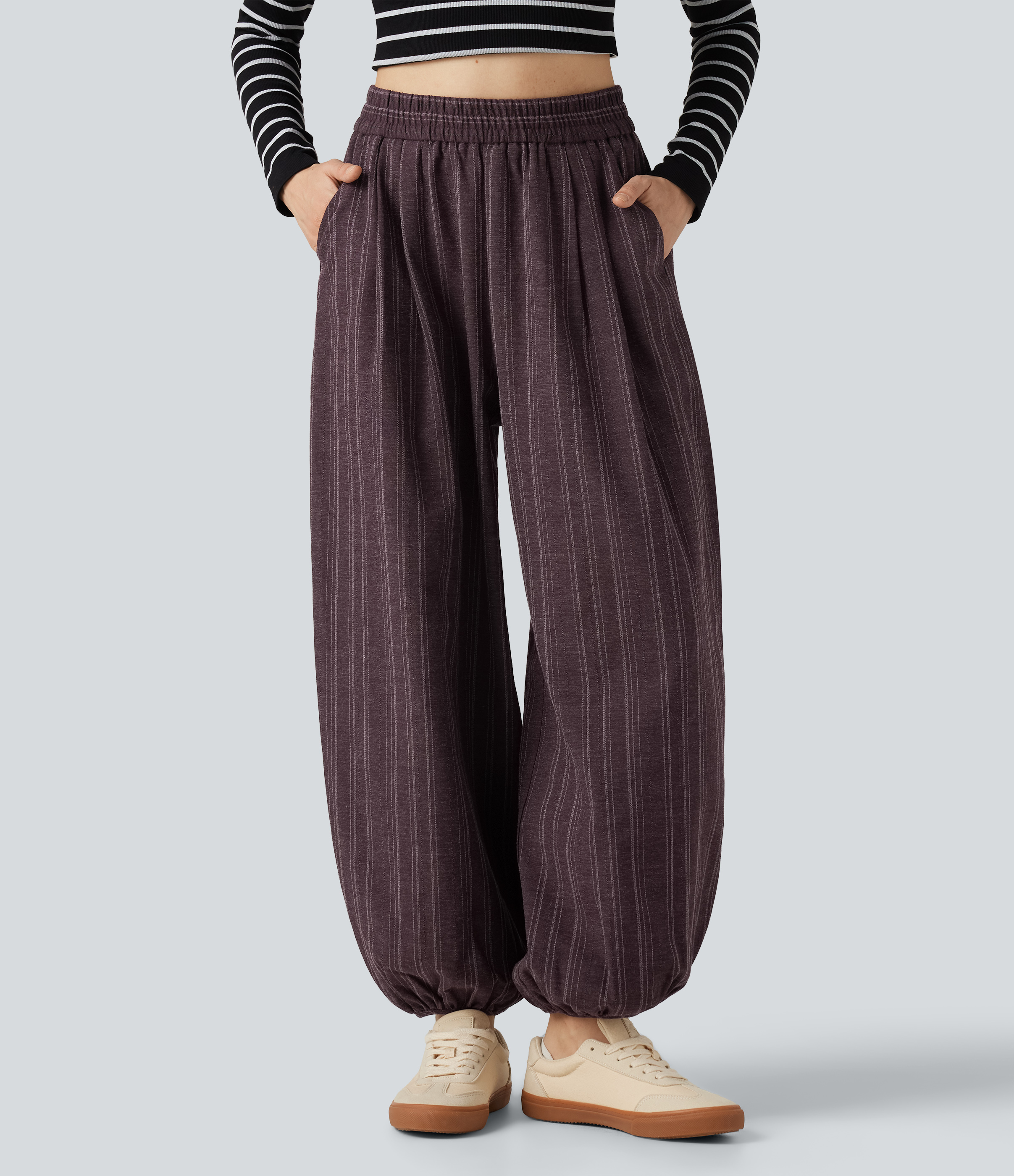 High Waisted Stripe Casual Linen-Feel Joggers with Pockets