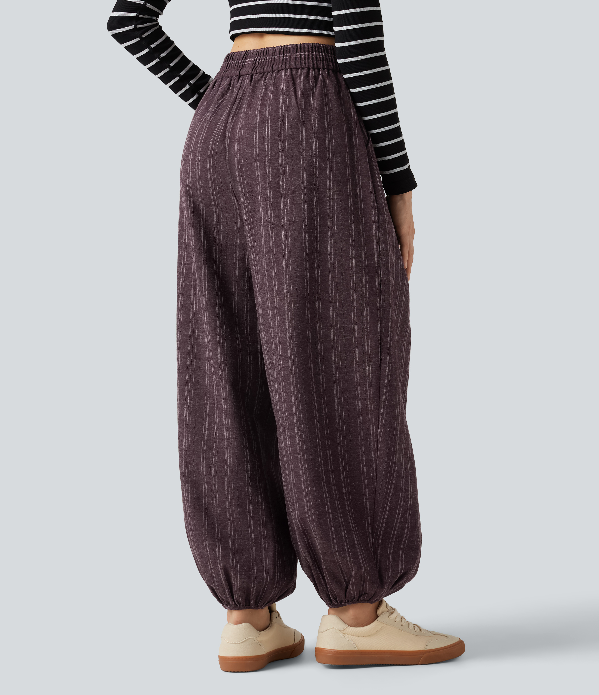 Cellar Plum Stribede casual joggers med høj talje i linnedlook og lommer / 2